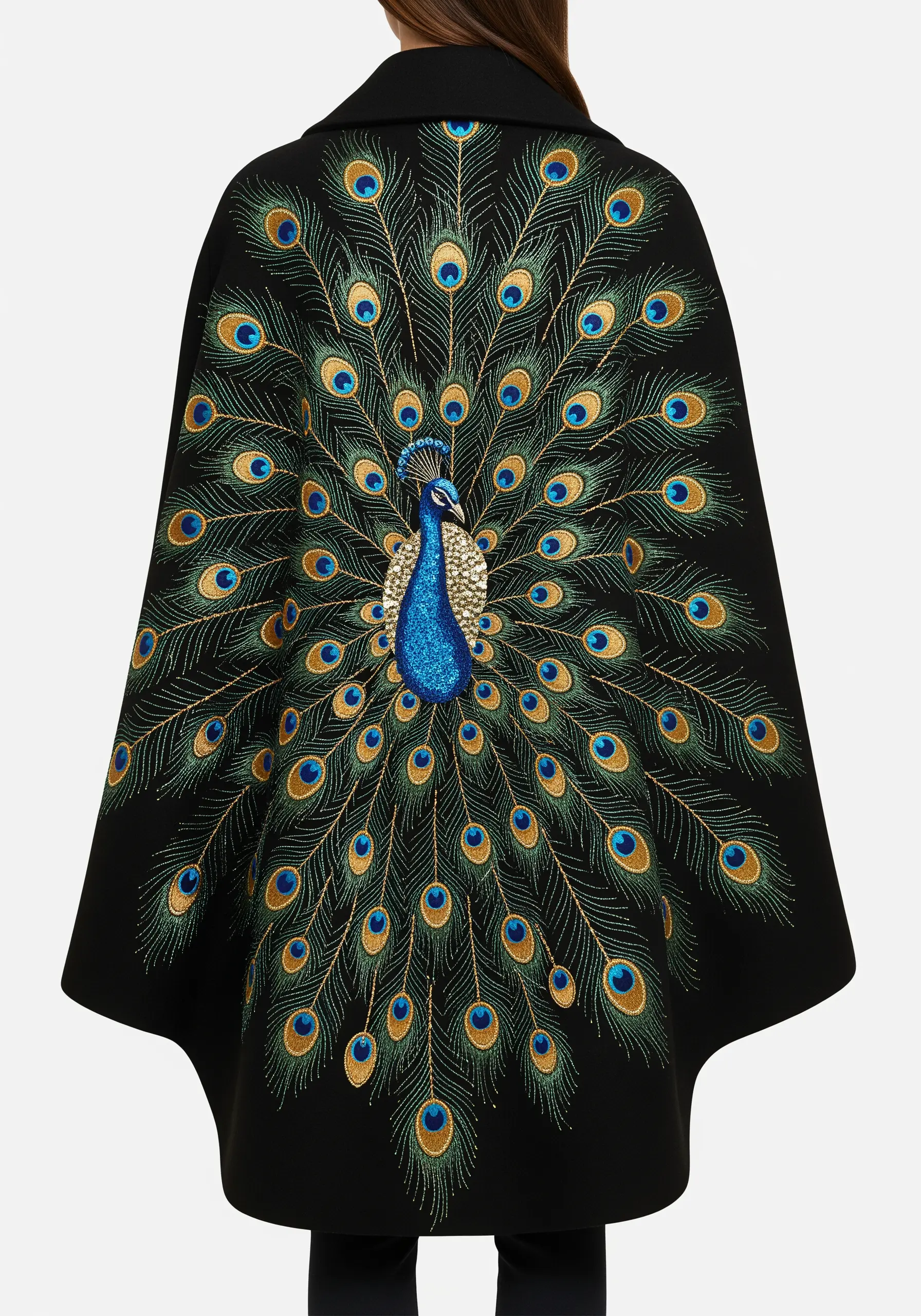 A large, intricate peacock with a full feather spread embroidered on a black cape.