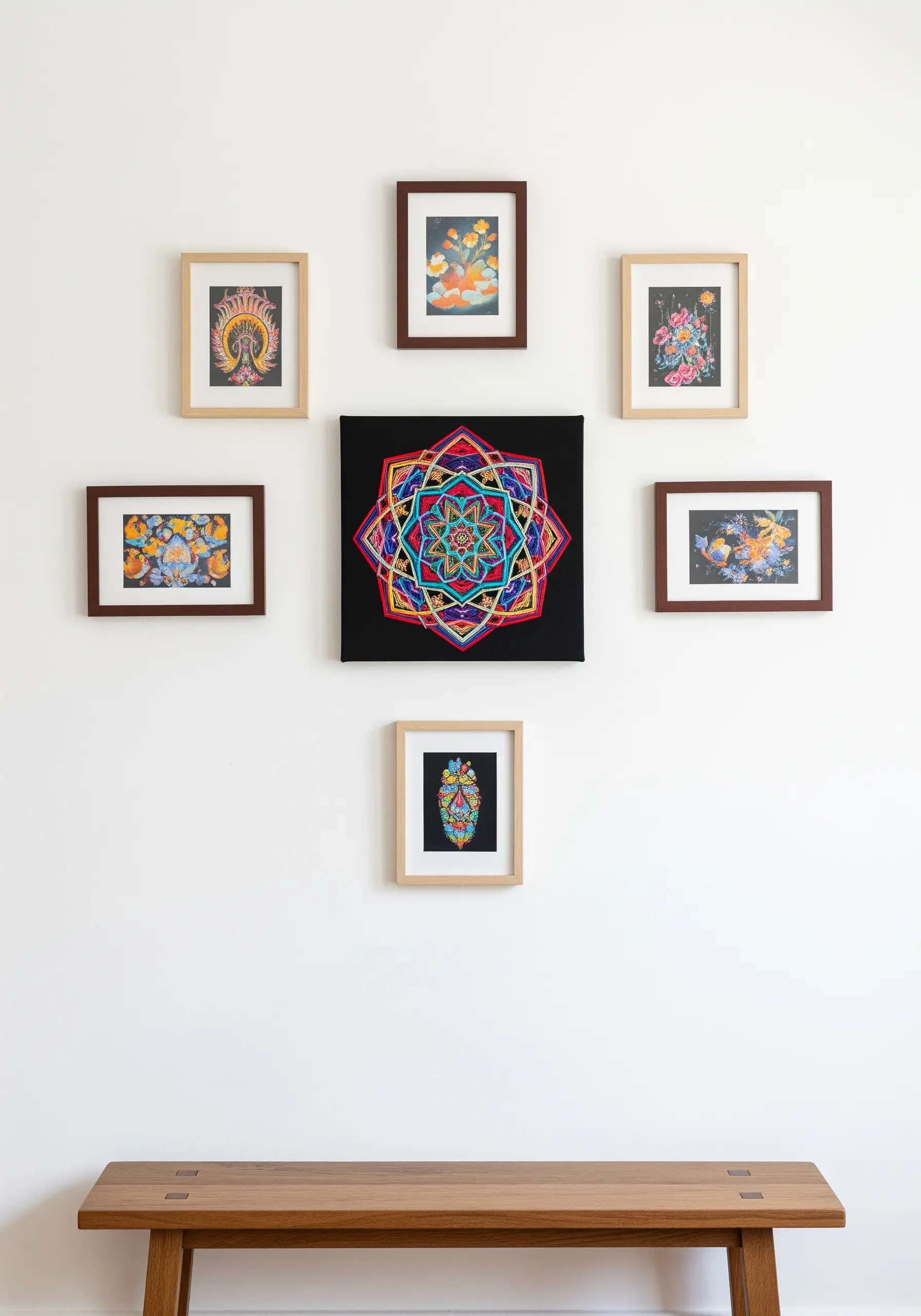 A colorful mandala on black fabric at the center of a gallery wall.