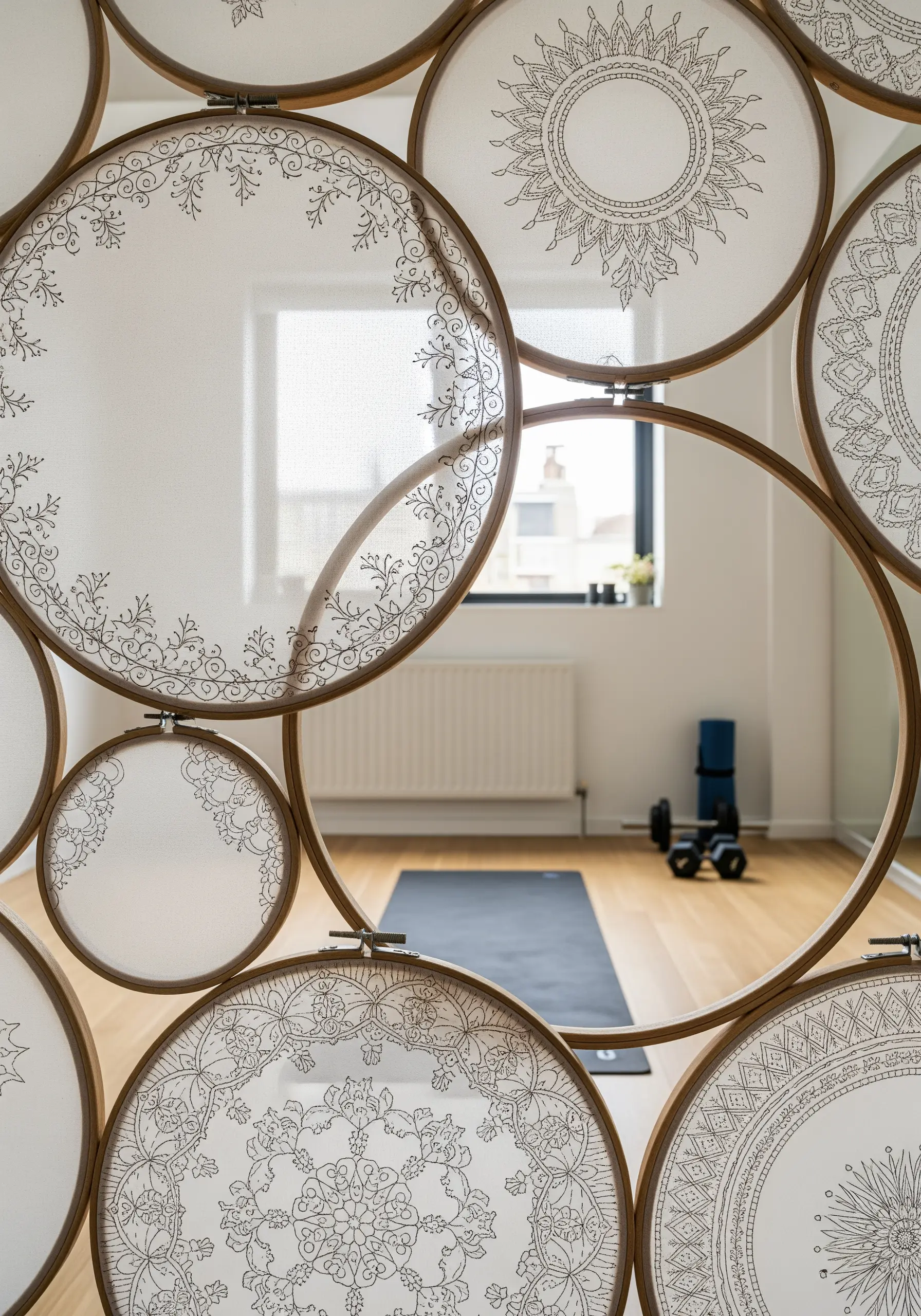 Intricate black line art of mandalas embroidered on semi-sheer white fabric.