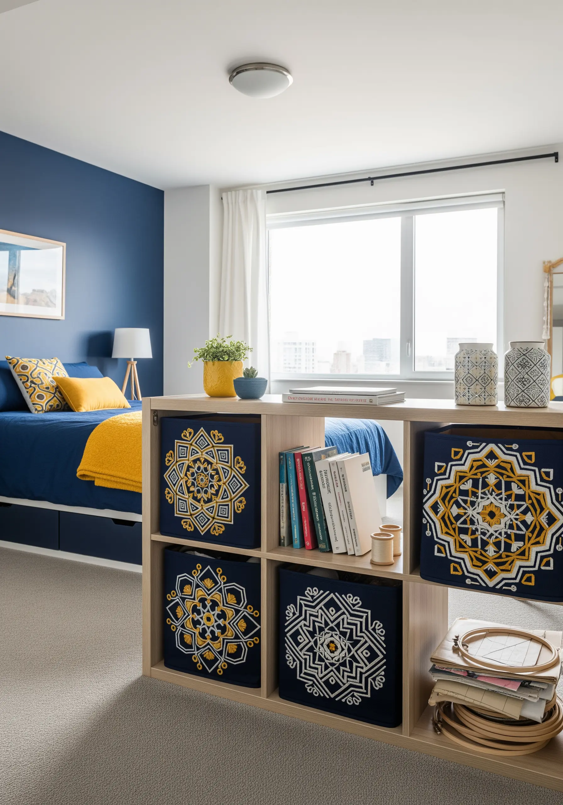 Cube shelf with navy blue fabric bins featuring large embroidered mandala designs.