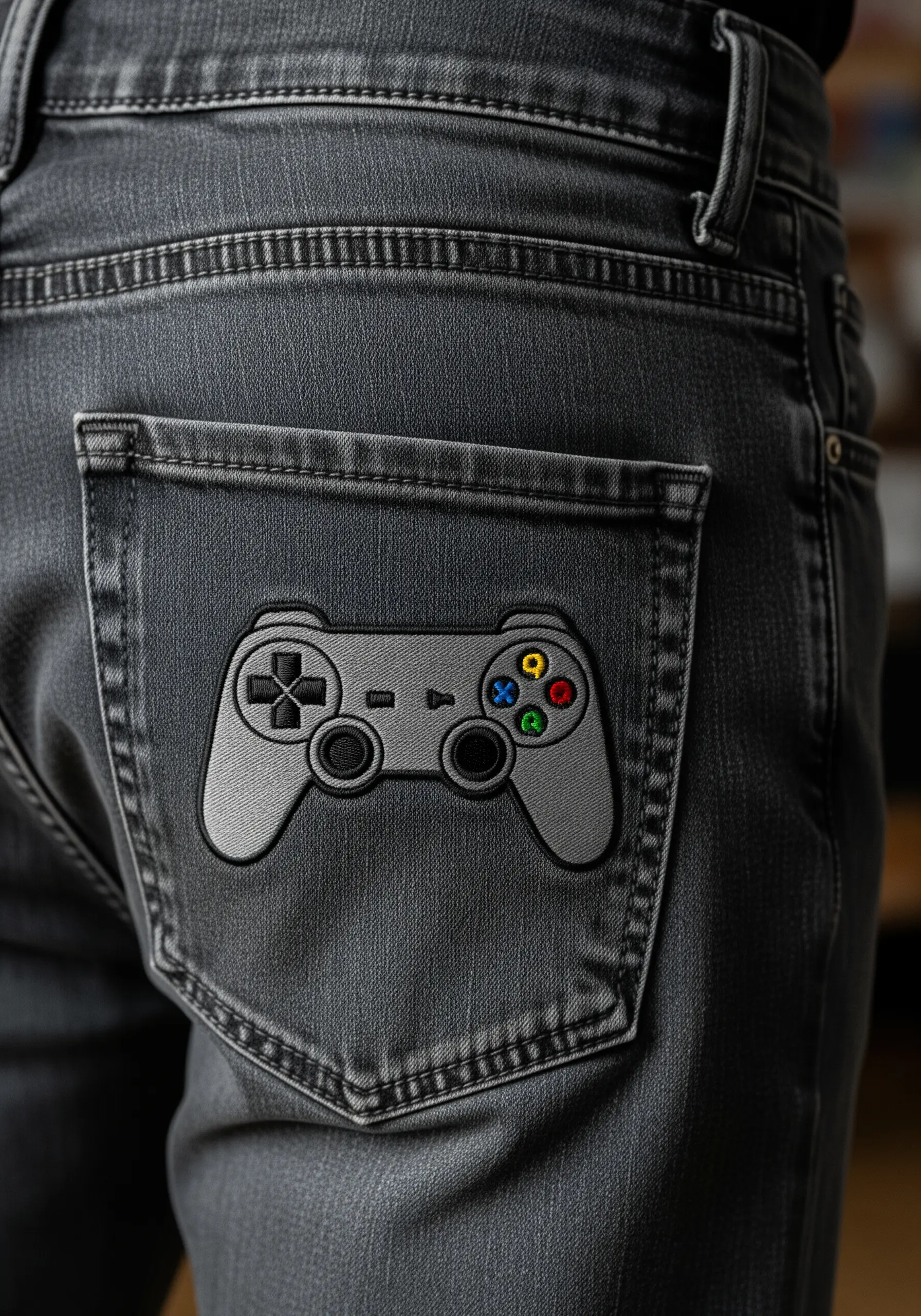 An embroidered gray game controller with colorful buttons on a black denim pocket.