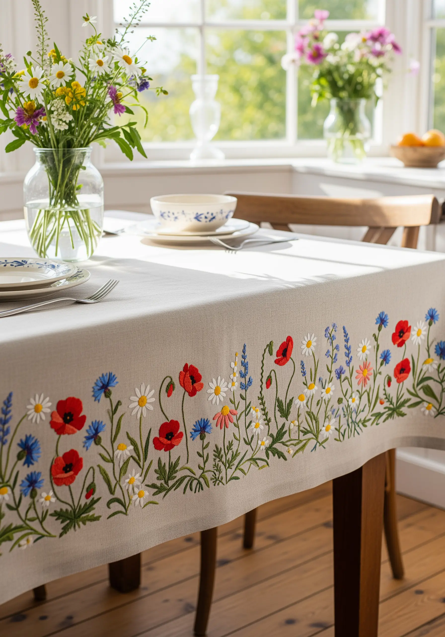 A dense floral embroidery border with poppies and cornflowers on a linen tablecloth.
