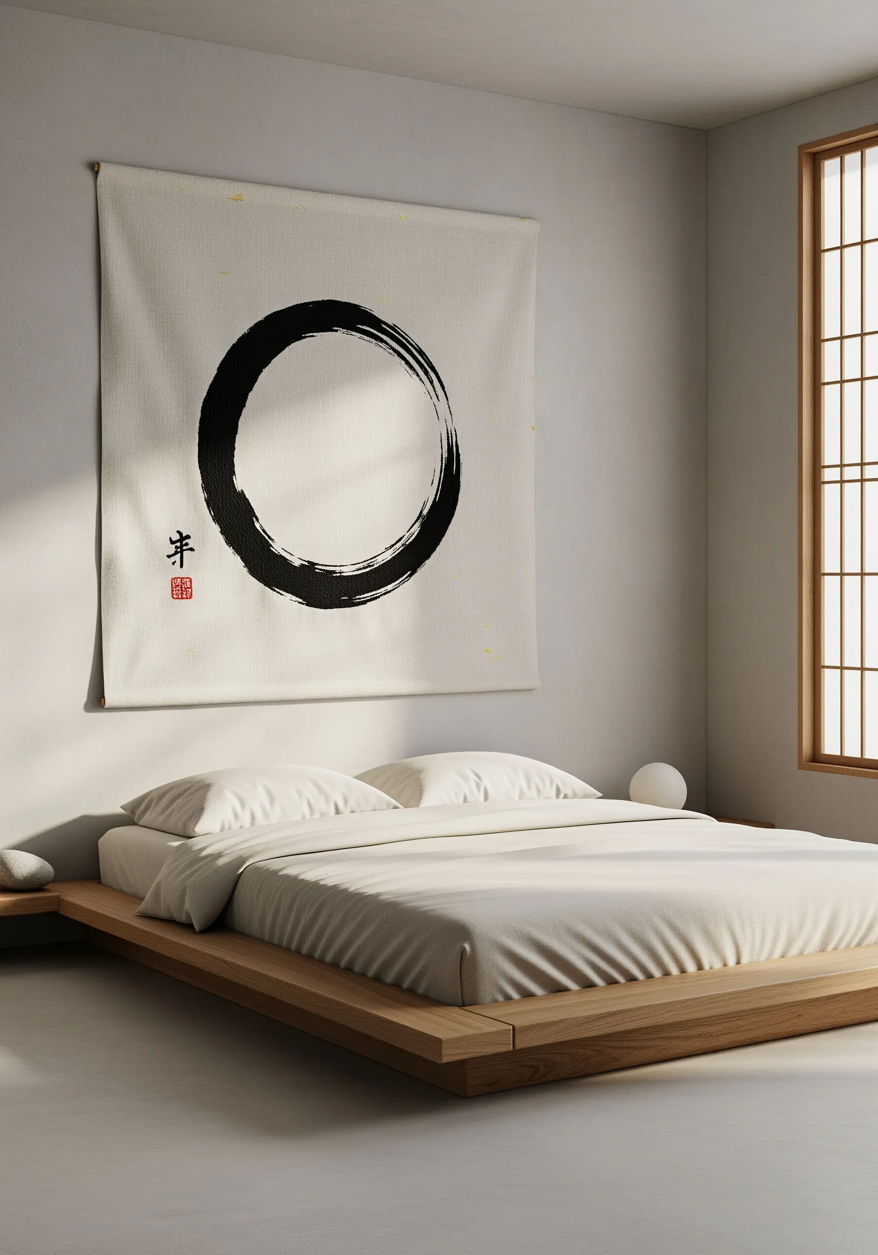 Large embroidered Ensō circle on a canvas wall hanging above a bed.