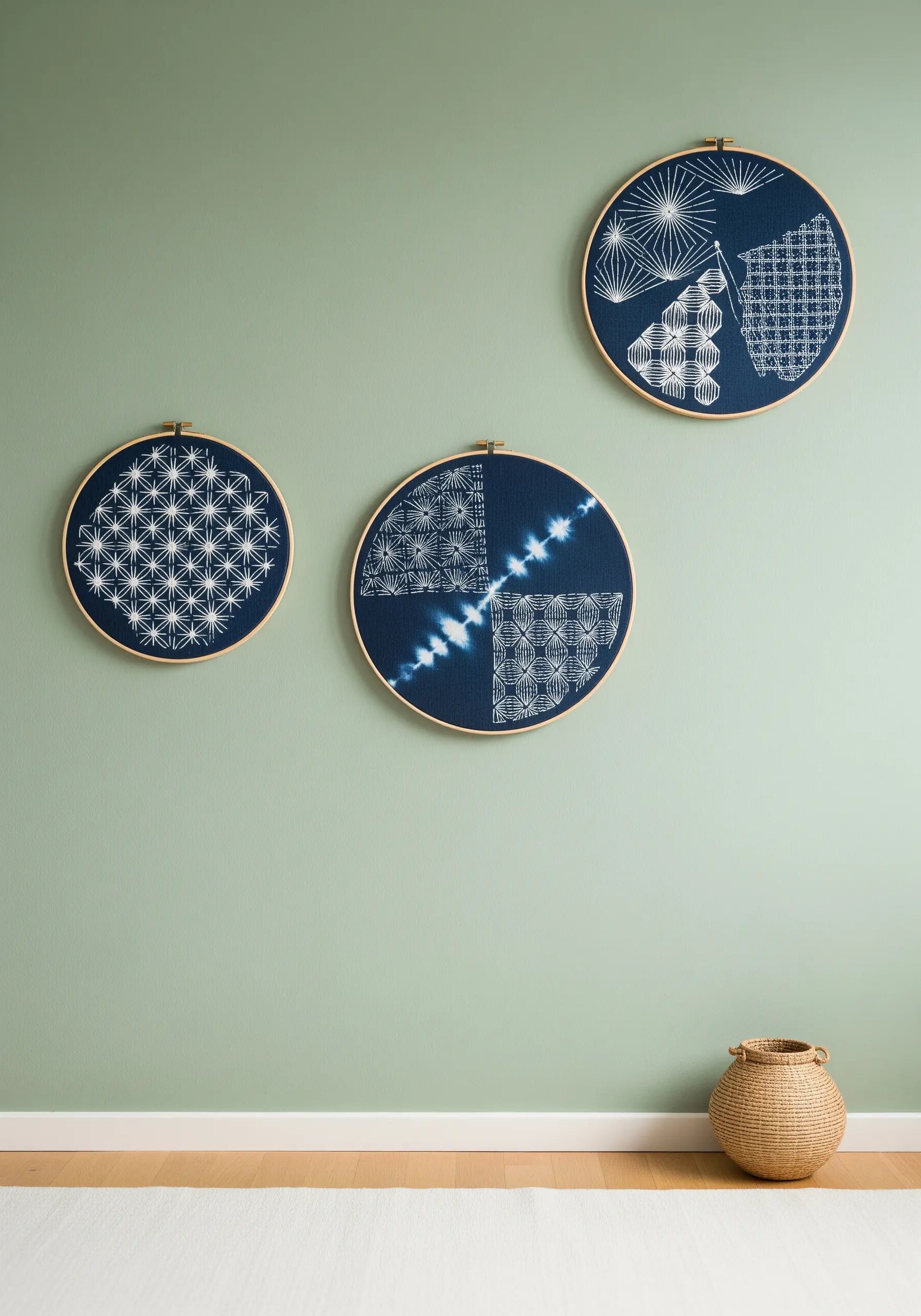 Three hoops with white Sashiko stitching on indigo fabric, arranged on a green wall.