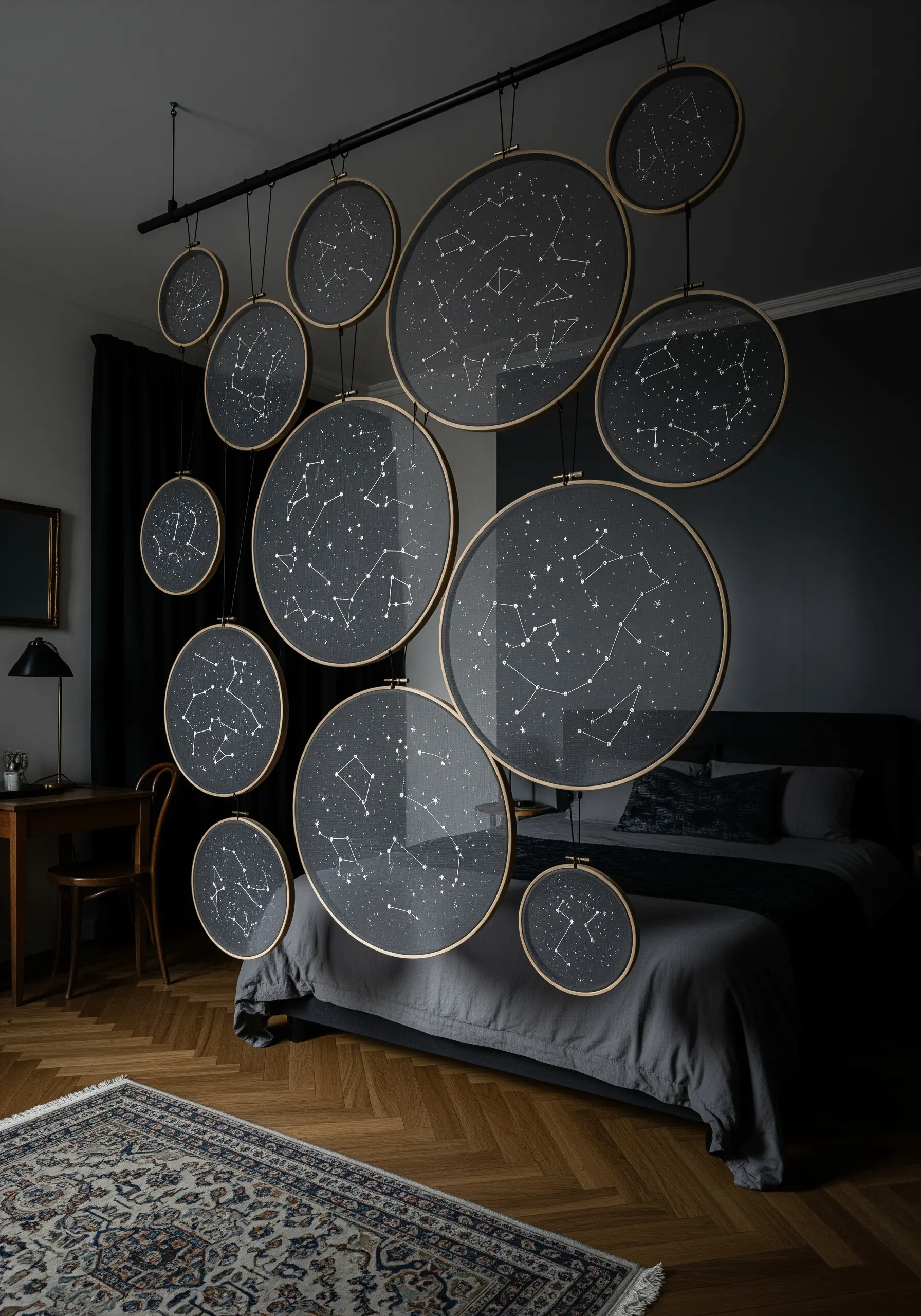 Embroidered constellations with white thread on dark fabric in a hanging hoop divider.
