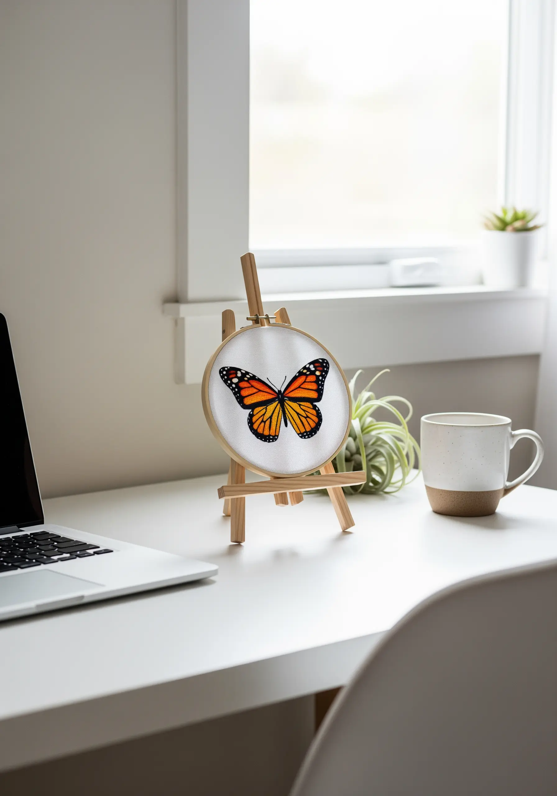 A small embroidery hoop with a monarch butterfly design resting on a miniature easel.