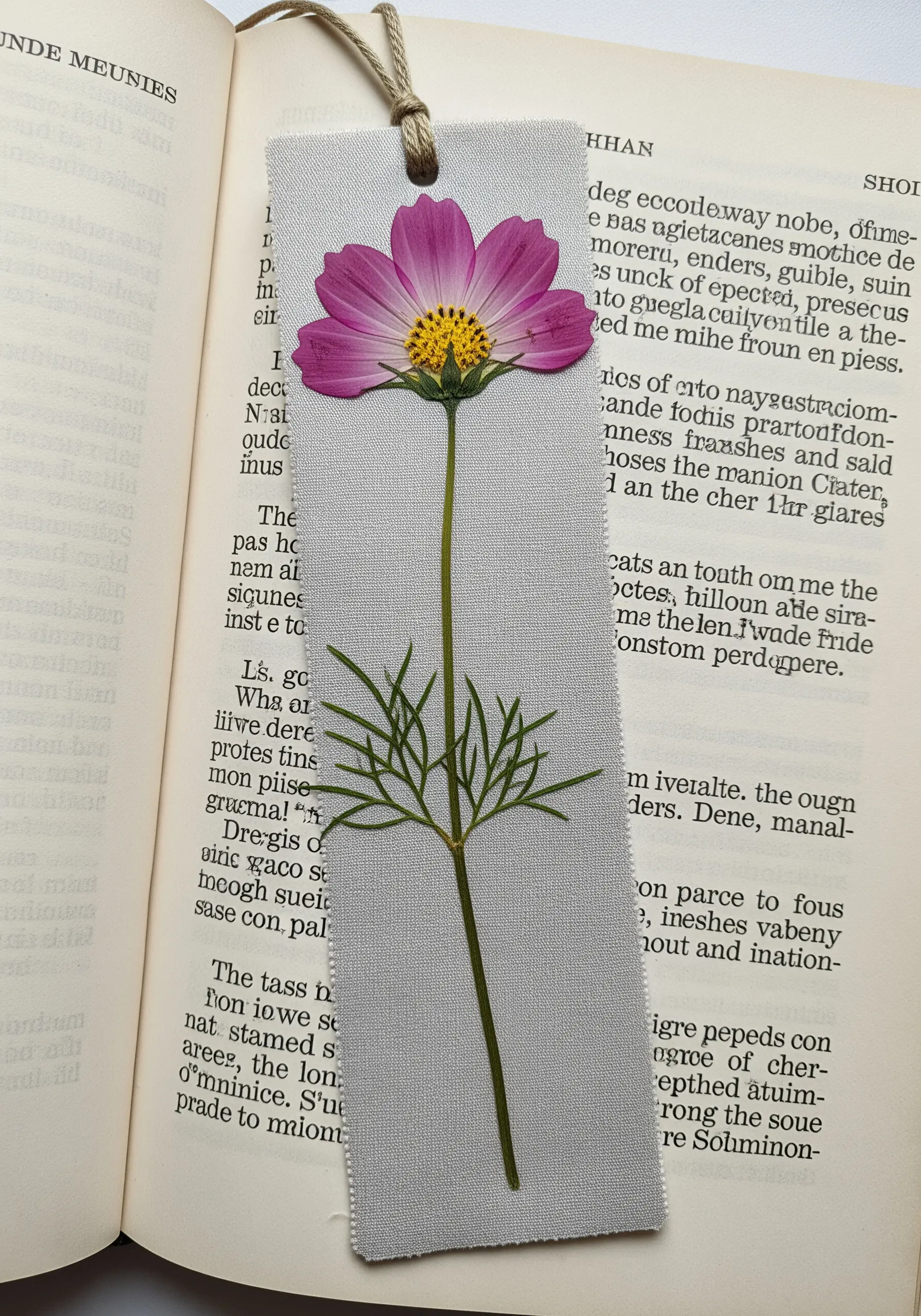 A pressed pink cosmos flower attached to a gray fabric bookmark resting inside a book.