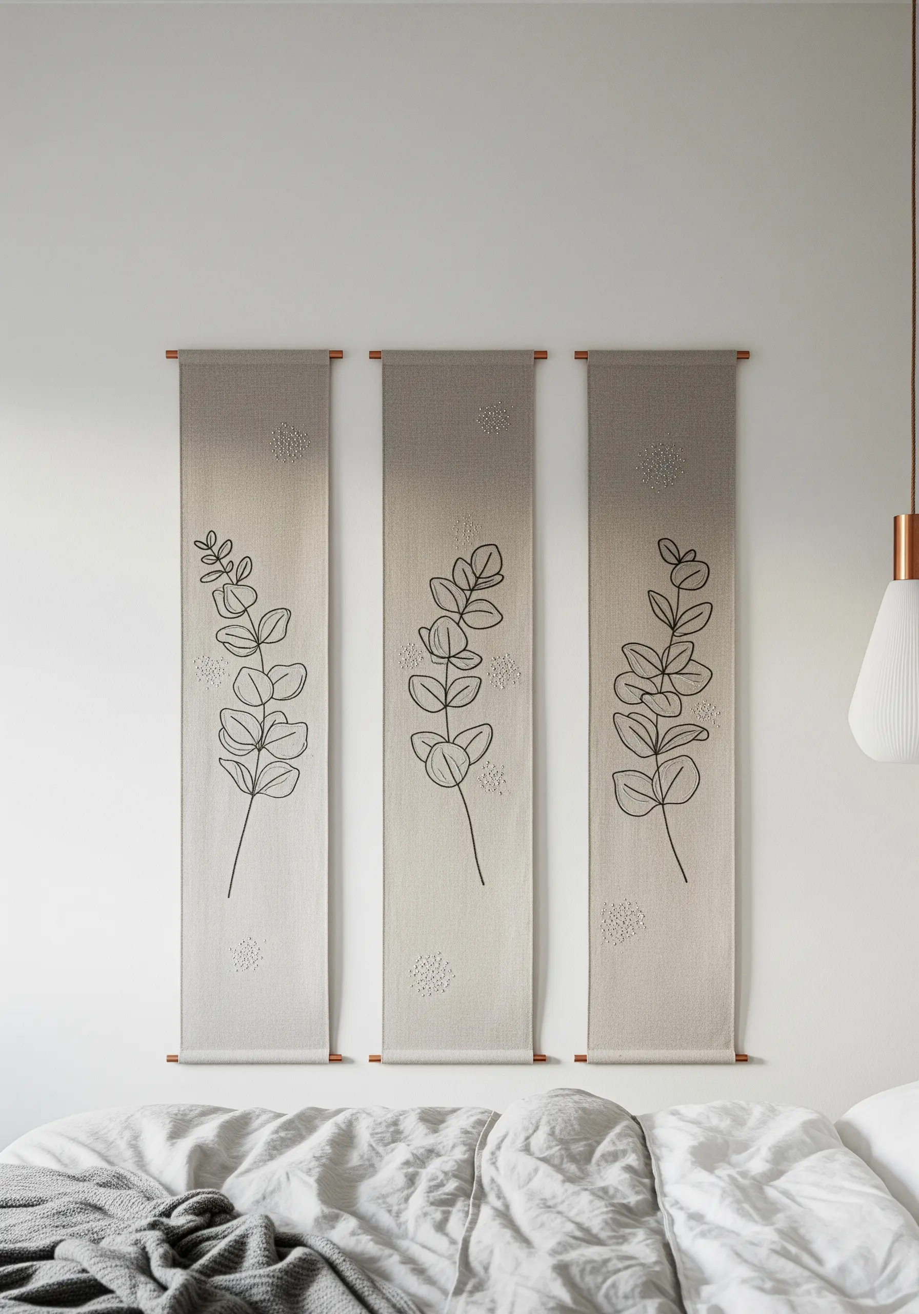 Minimalist line art embroidery of eucalyptus branches on three hanging linen banners.