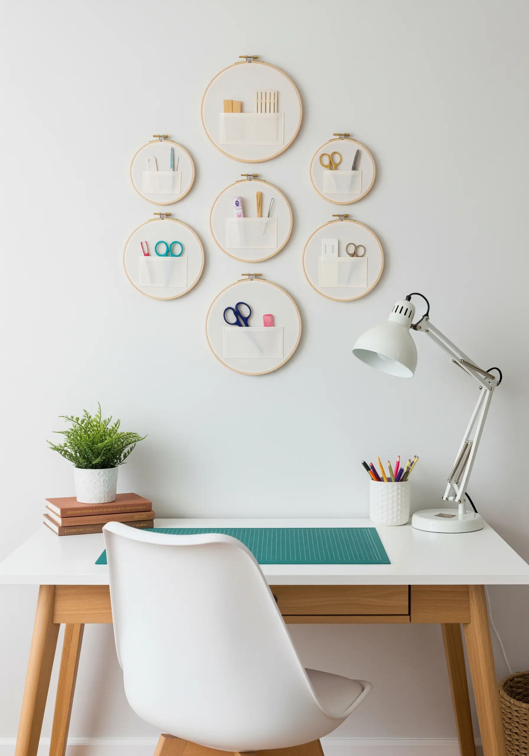 A gallery wall of embroidery hoops repurposed as minimalist wall pocket organizers.