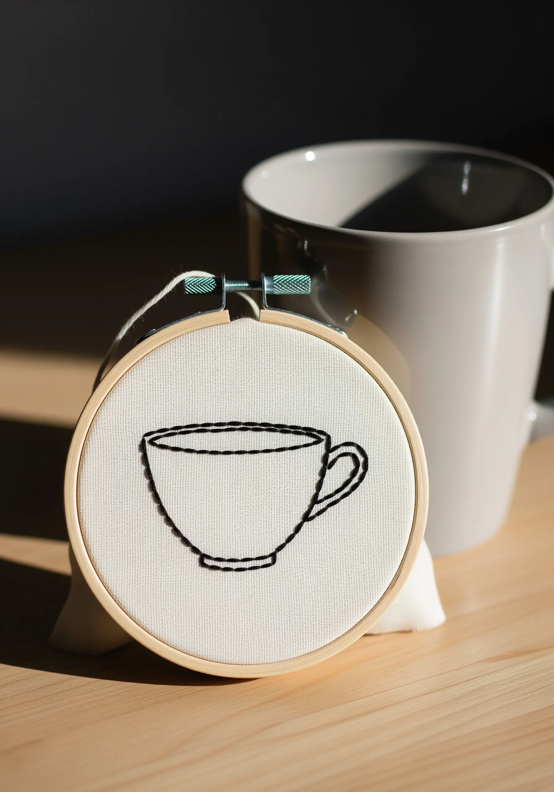 Black thread outline of a coffee cup using split stitch on off-white fabric.