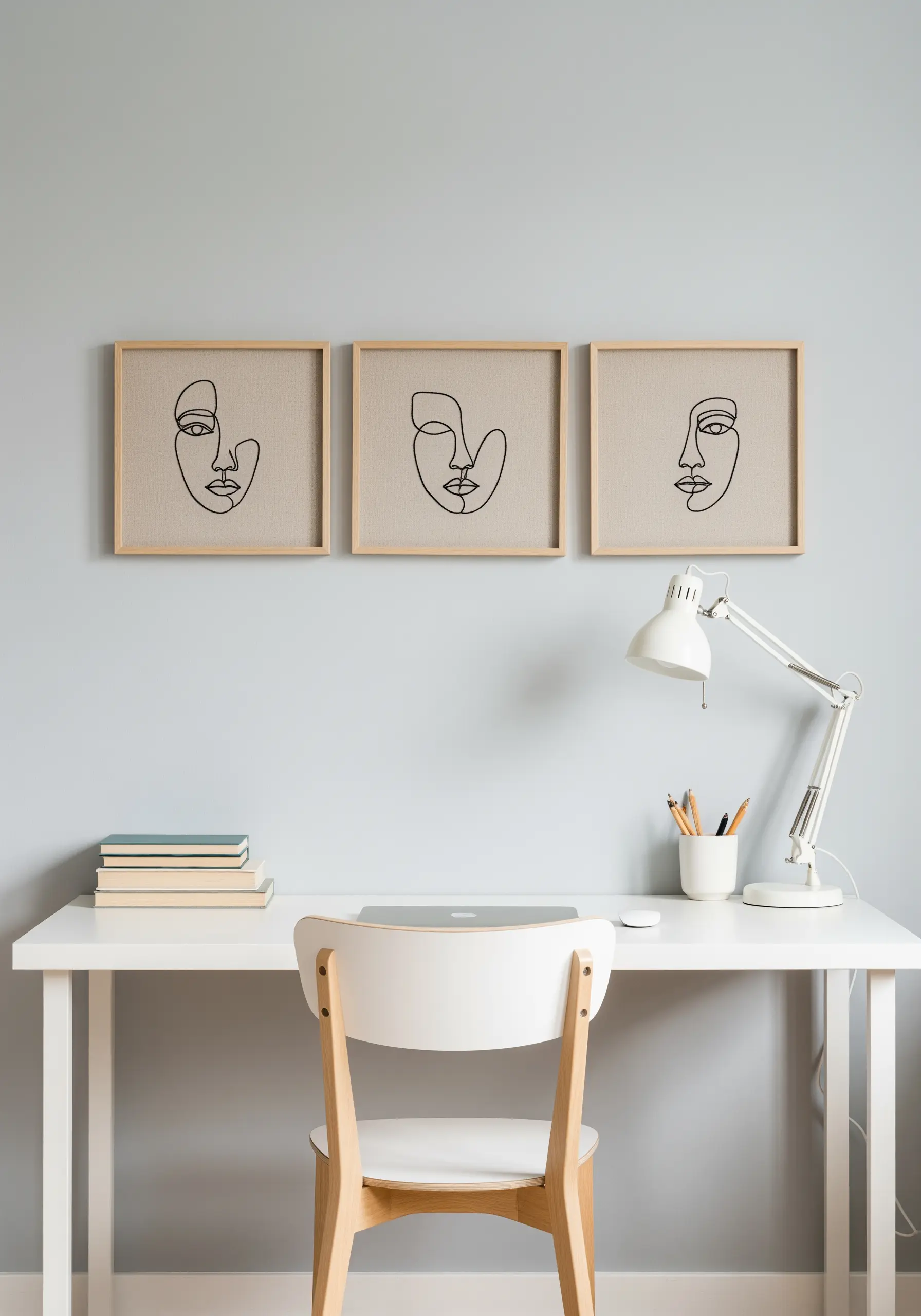 Three framed pieces of minimal black-thread line art portraits on beige fabric.