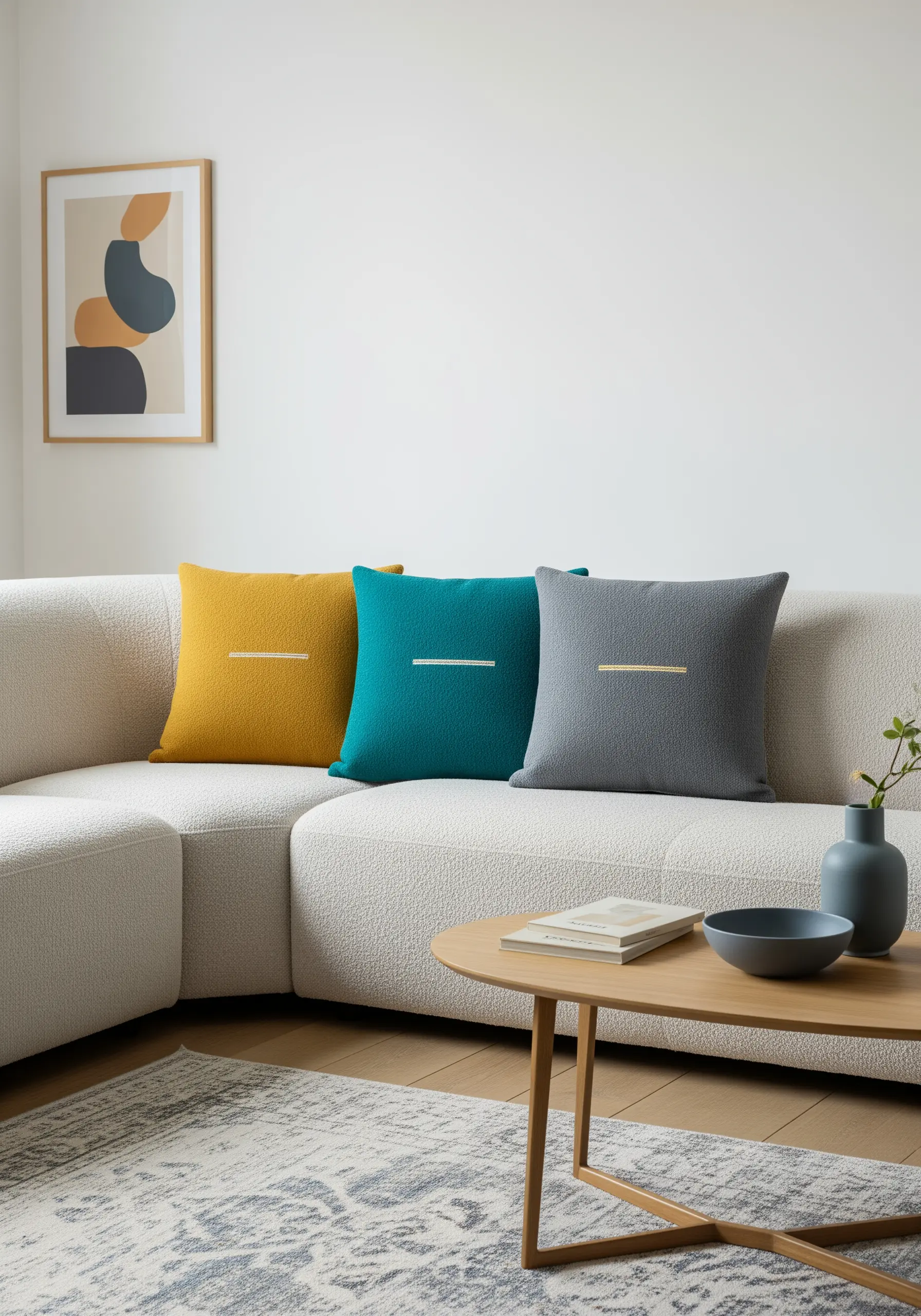 Three colorful cushions on a sofa, each with a single, small horizontal bar of satin stitch.