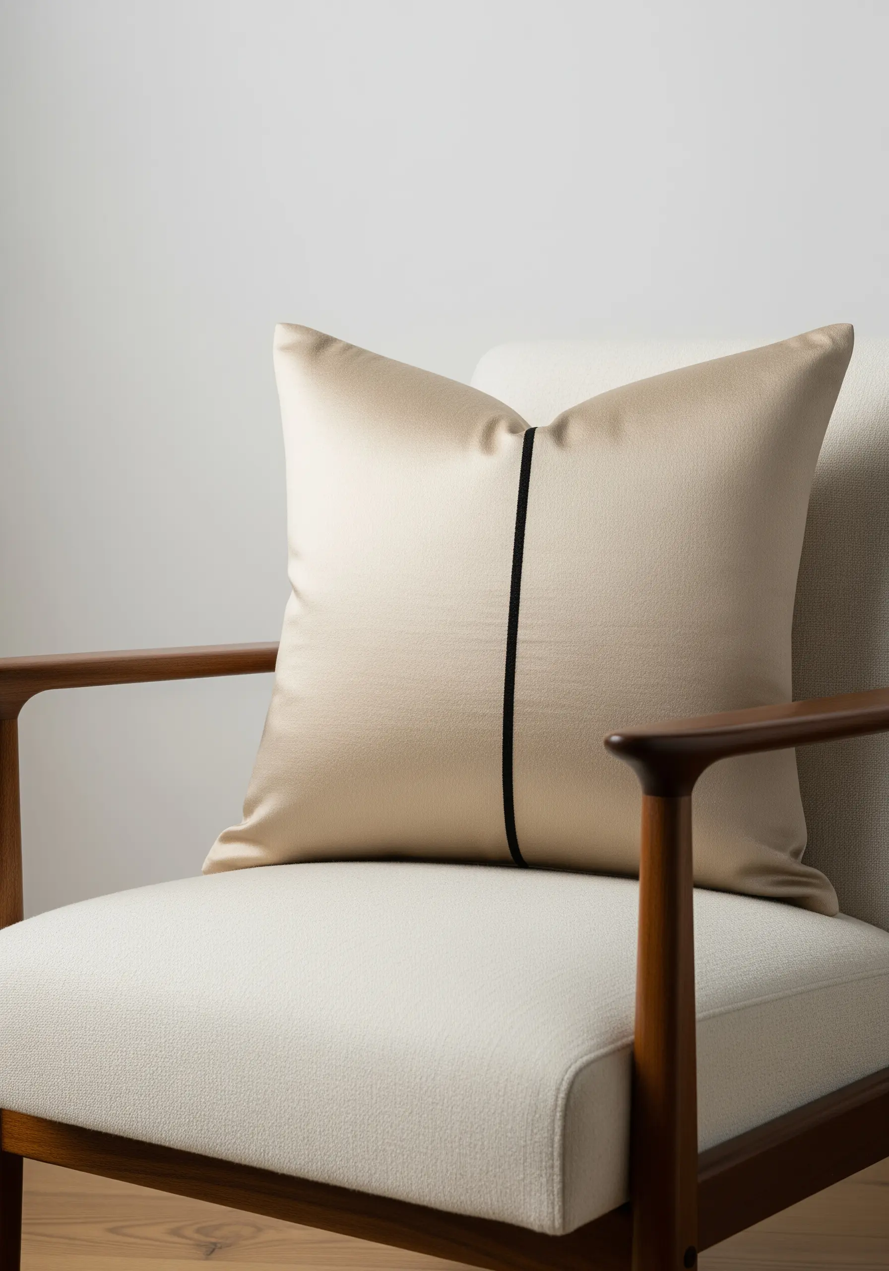 A champagne-colored satin pillow with a single, clean vertical black line.