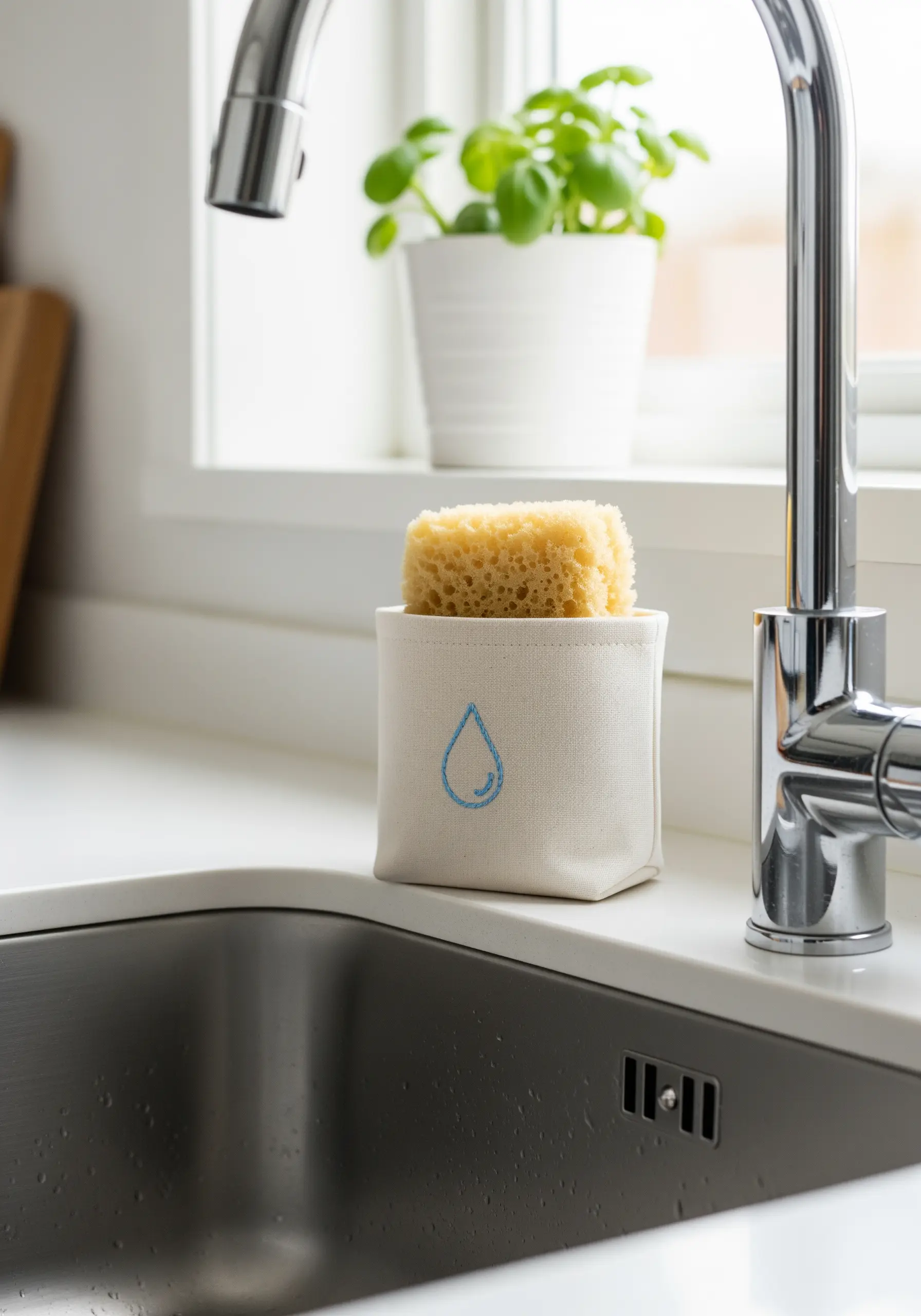 A canvas sponge holder by a sink with a single blue embroidered water droplet.