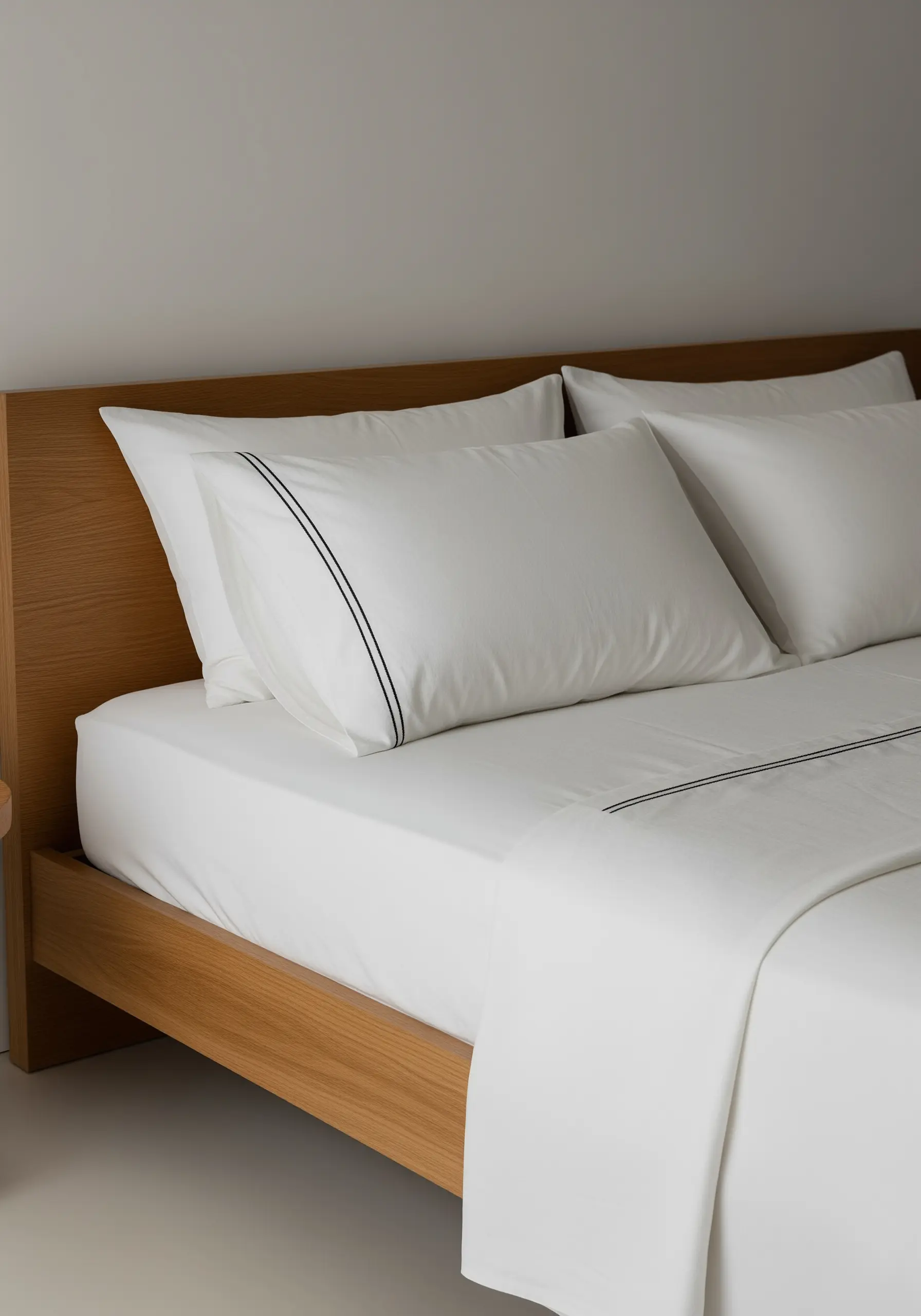 Two minimalist parallel black lines embroidered on a crisp white pillowcase.