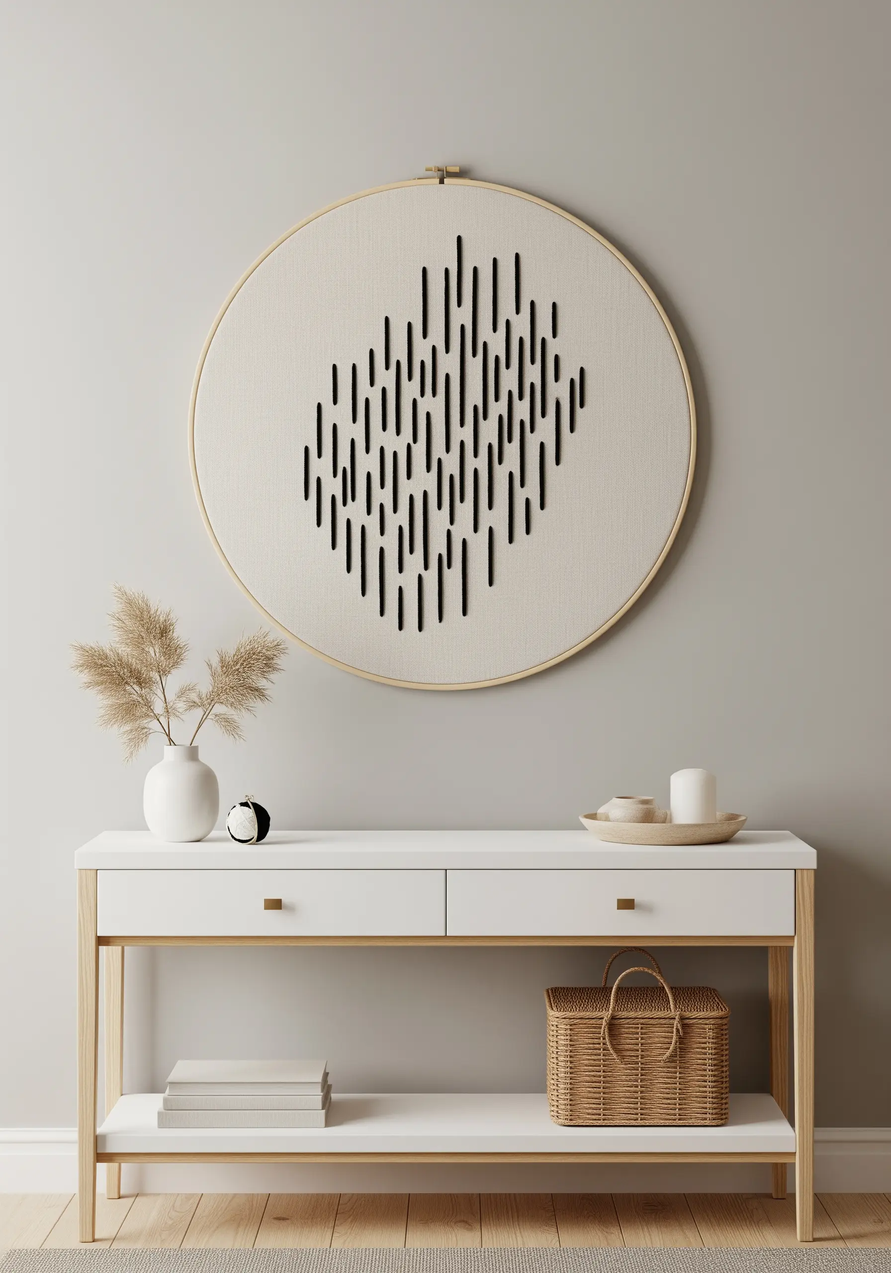 Large embroidery hoop with abstract art made of vertical black stitches on linen.