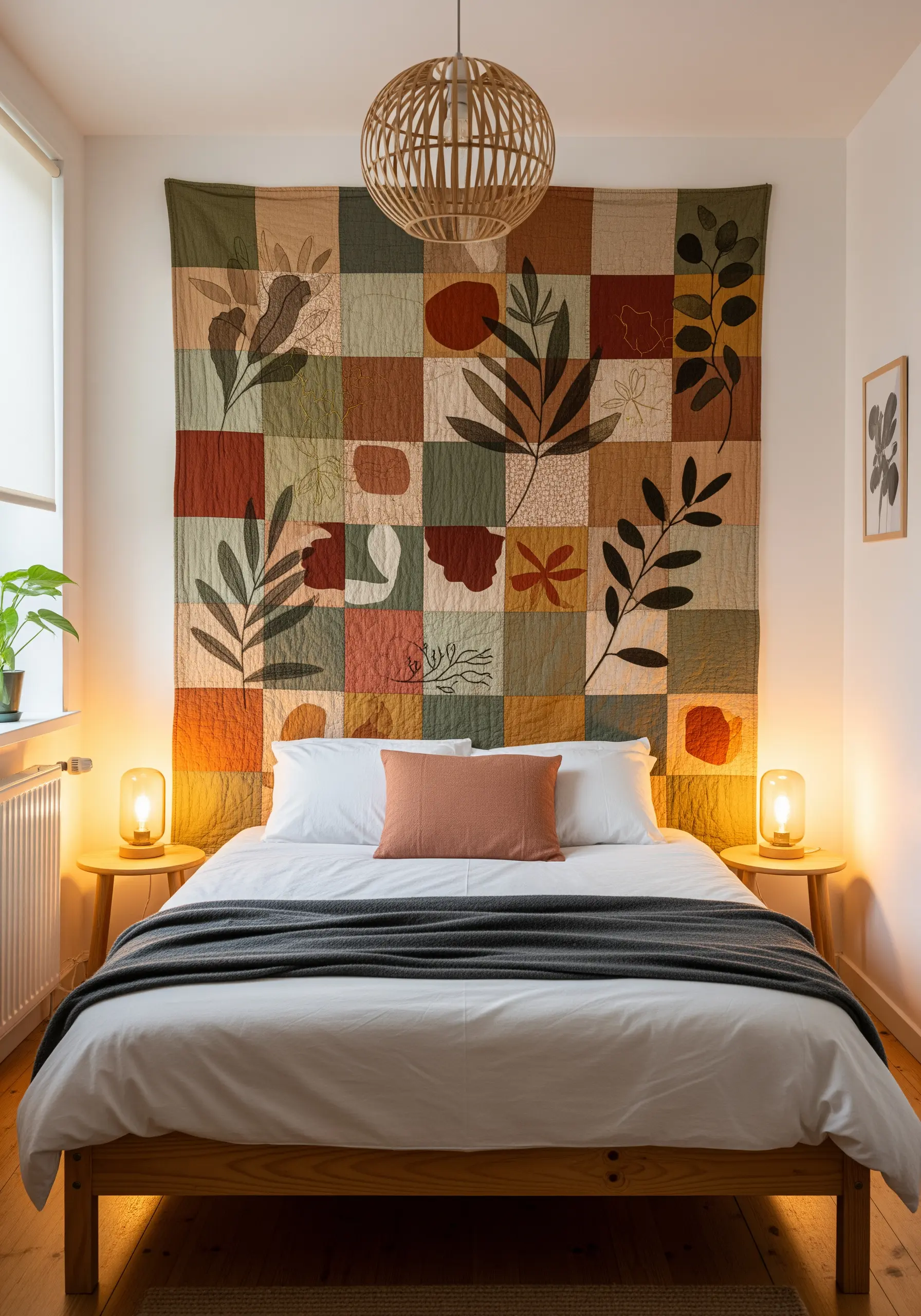 Large quilted wall tapestry with embroidered and appliquéd botanical silhouettes.