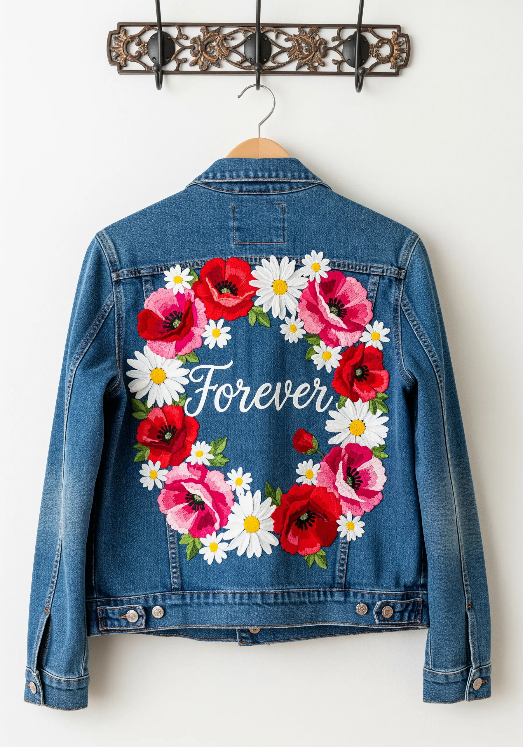 Denim jacket with a large embroidered floral wreath and the word 