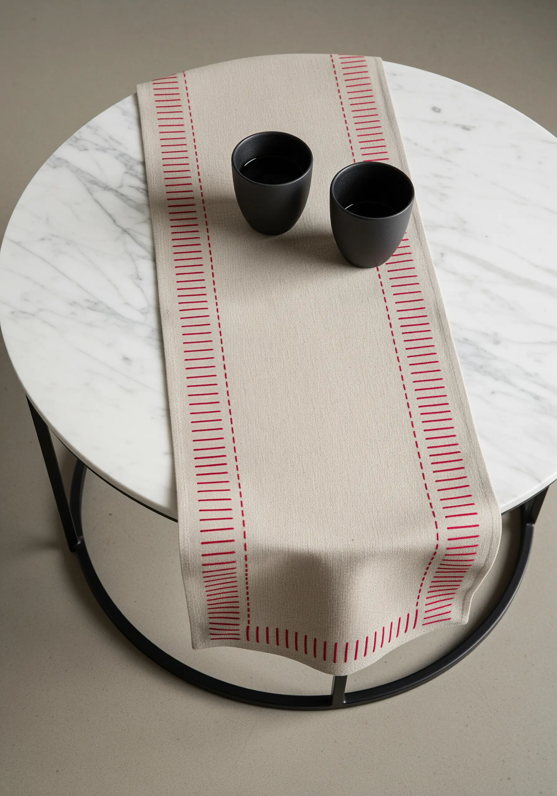 A neutral table runner with a minimalist border of bright red running stitches.