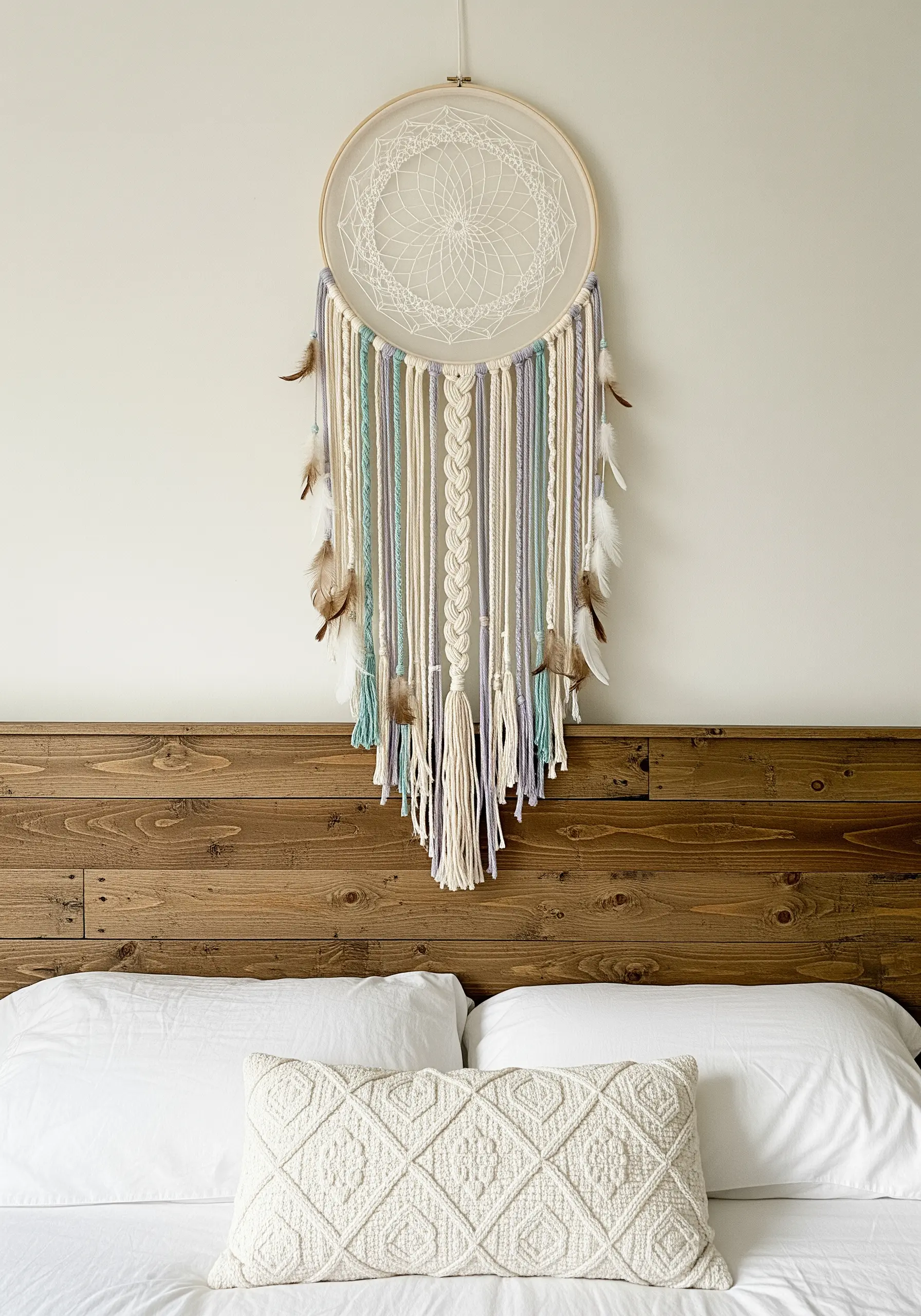 A modern dreamcatcher made with an embroidery hoop, macrame tassels, and feathers.