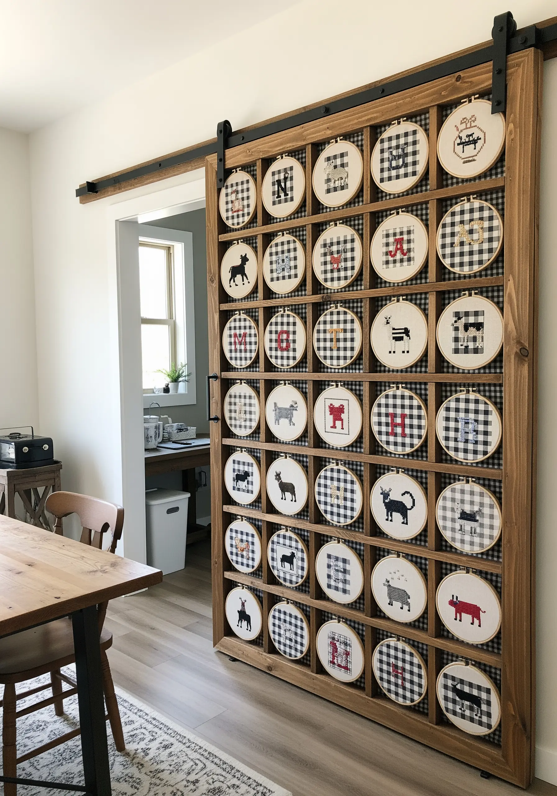 A sliding barn door with a grid of embroidered hoops featuring farmhouse motifs.