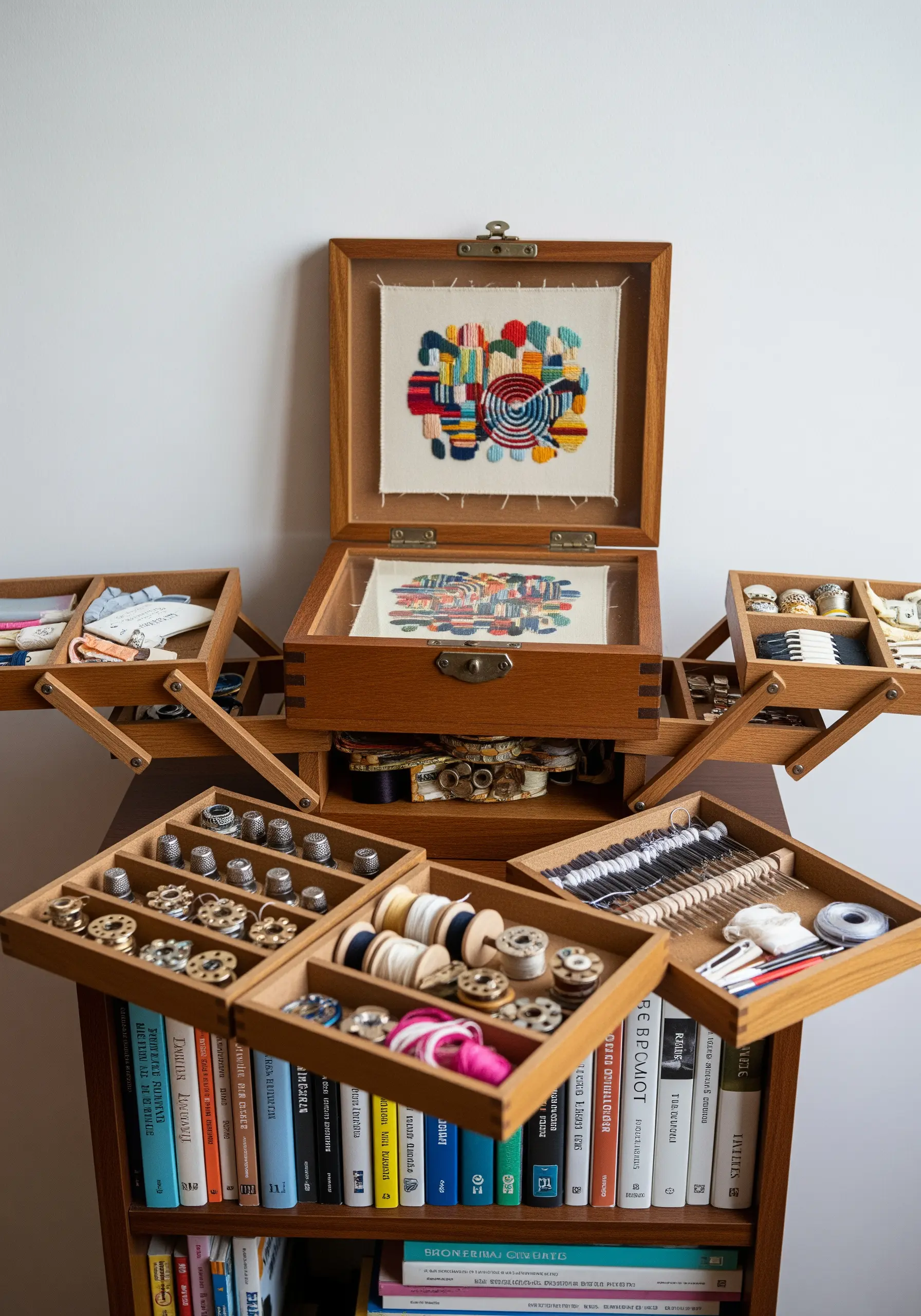 An open wooden cantilever sewing box with organized compartments and a modern art piece.