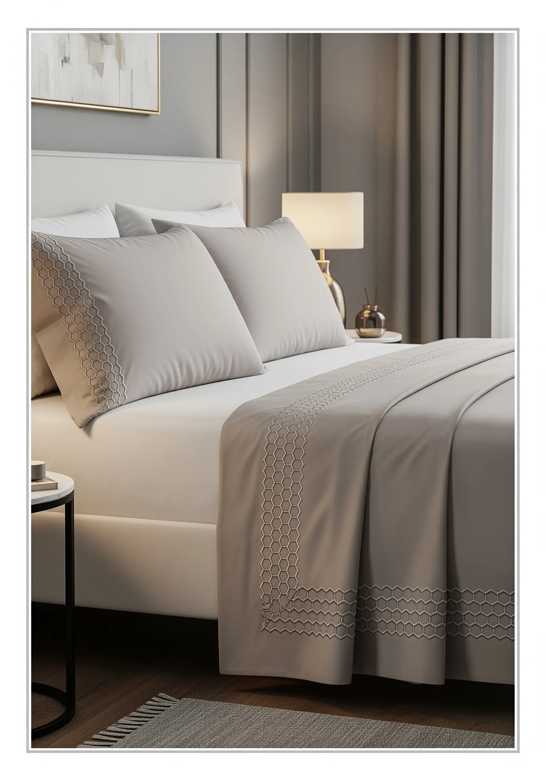A geometric honeycomb border embroidered in a tone-on-tone effect on taupe bedsheets.