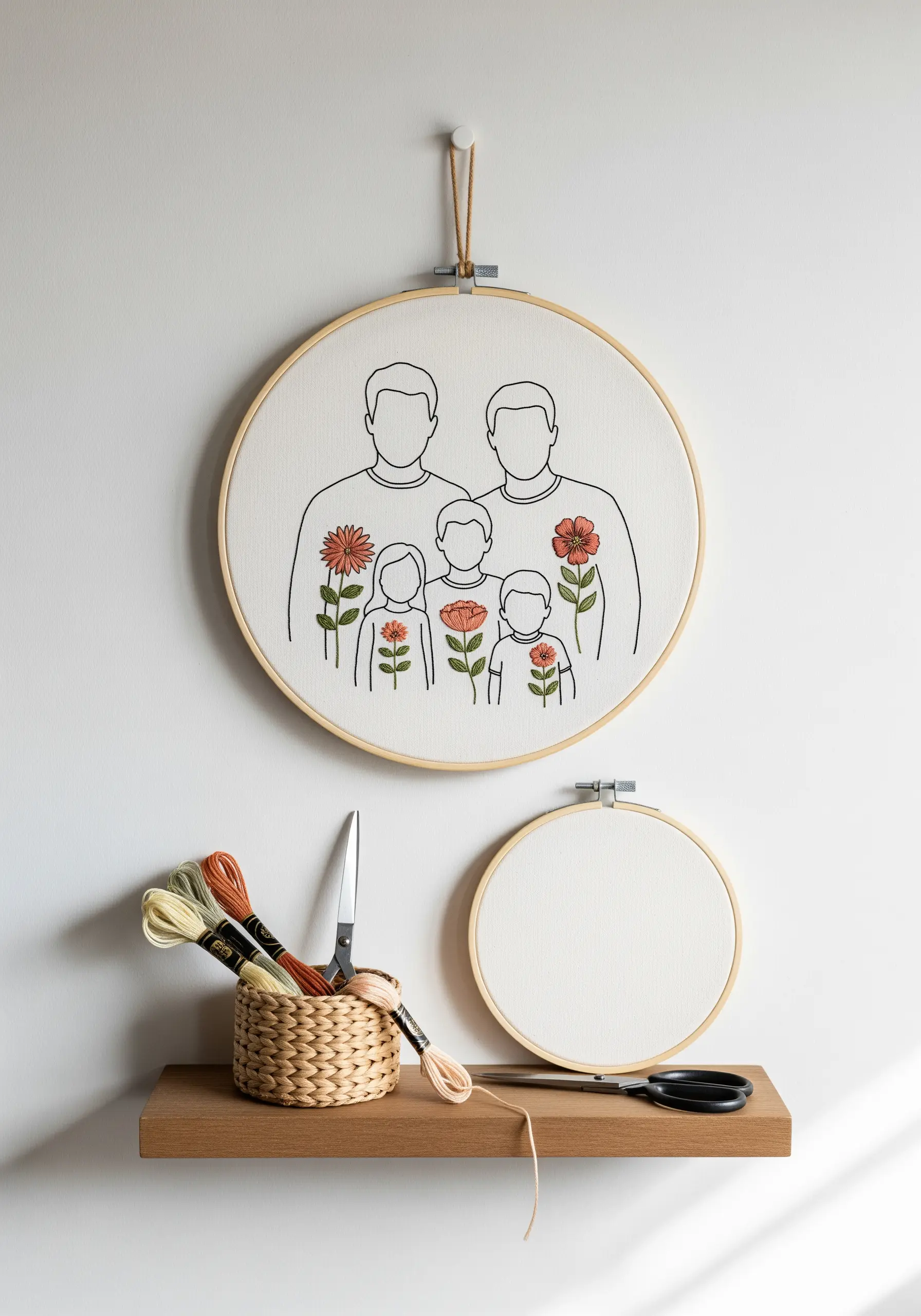 Minimalist line art embroidery of a family portrait with small flowers over their hearts.