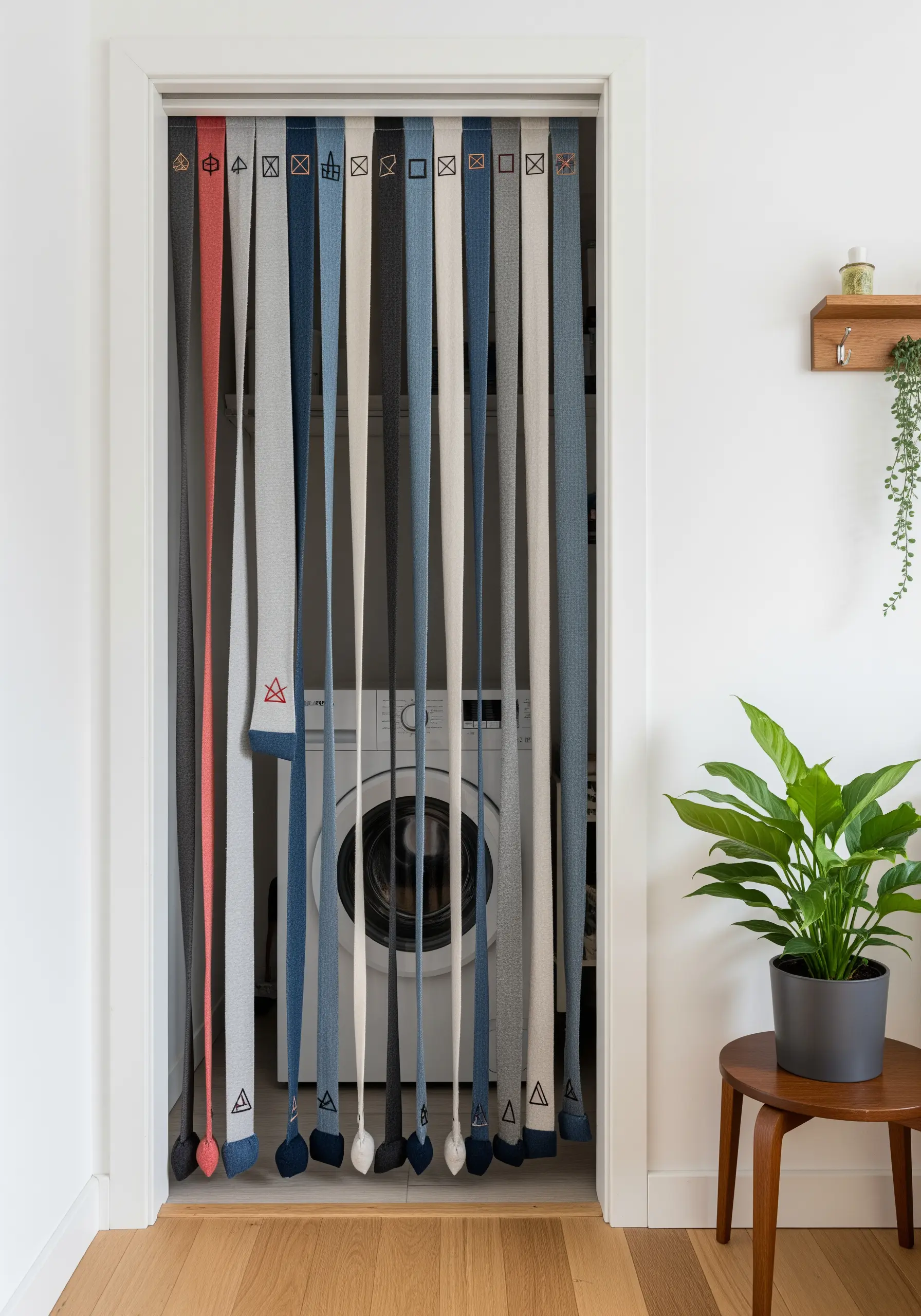 A doorway curtain made of vertical fabric strips, each with a small embroidered symbol.