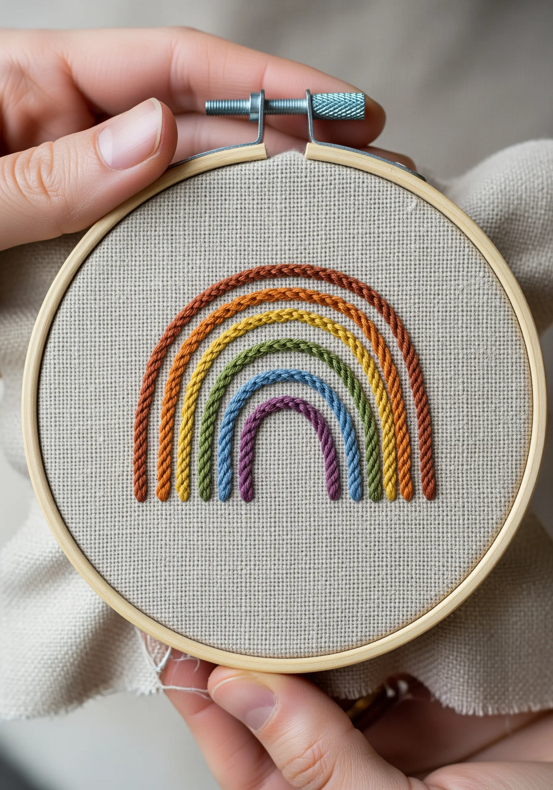 A modern rainbow embroidered with thick, rope-like stitches in earthy tones.
