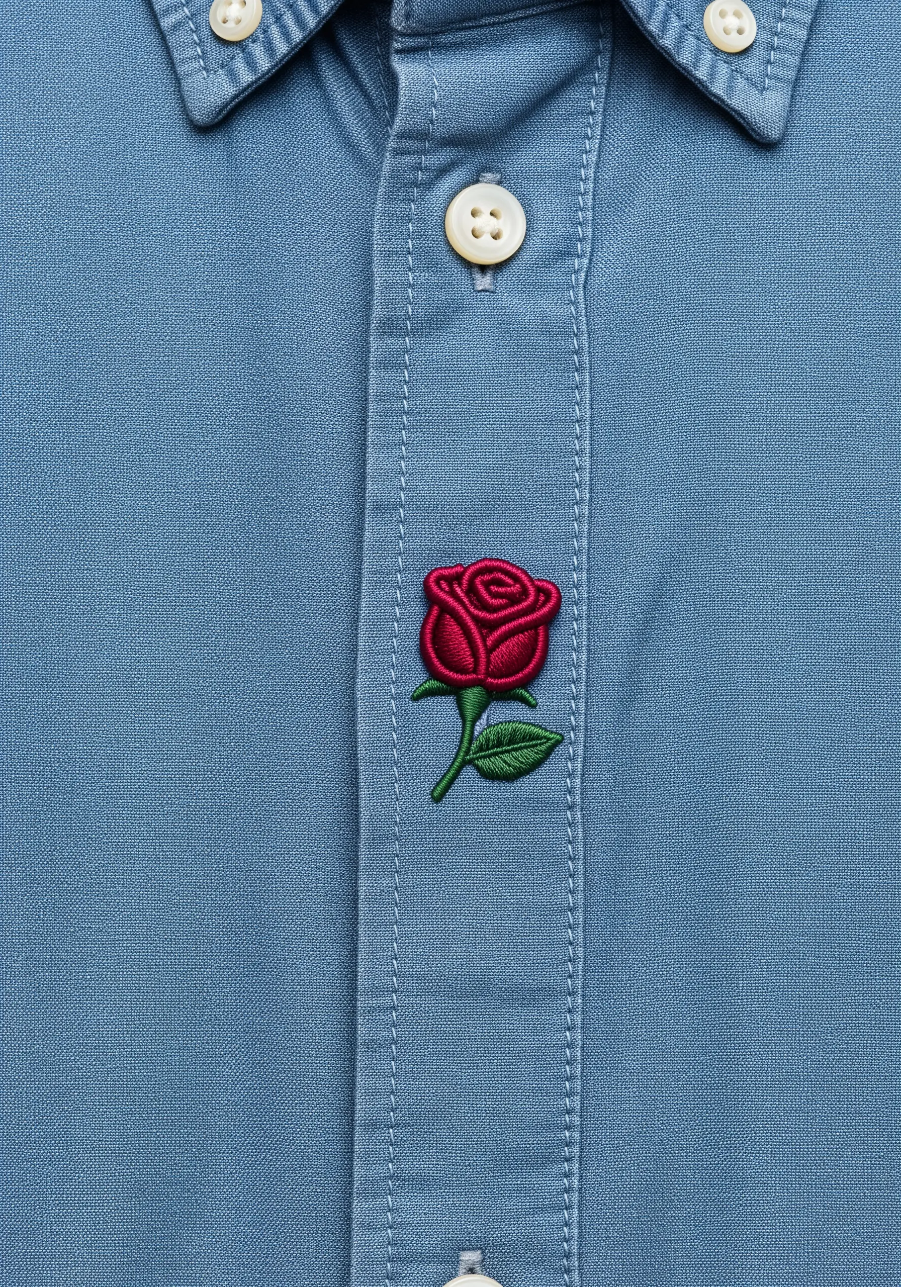 A single, detailed red rose embroidered on the placket of a blue shirt.