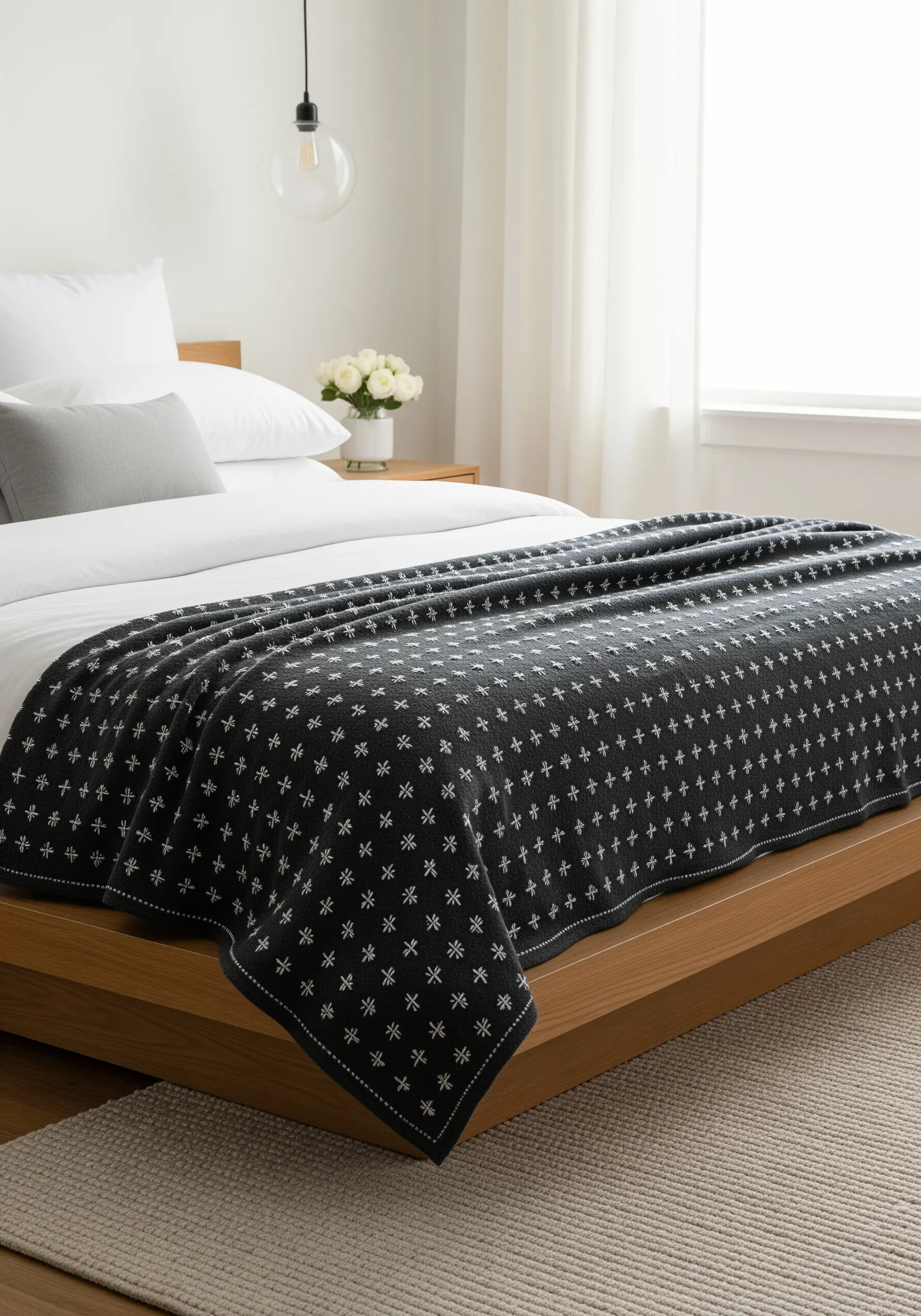 A dark gray blanket covered in a repeating grid pattern of small, white star stitches.