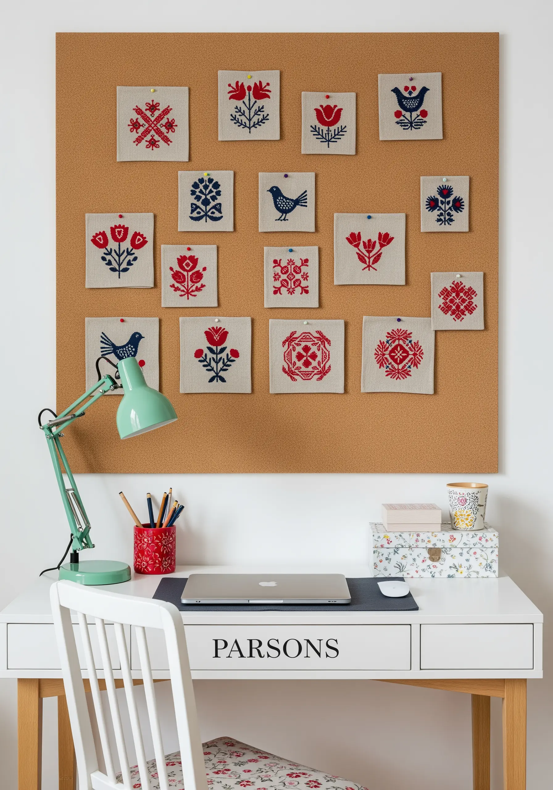 Small embroidered squares with red and blue folk art motifs pinned to a corkboard.