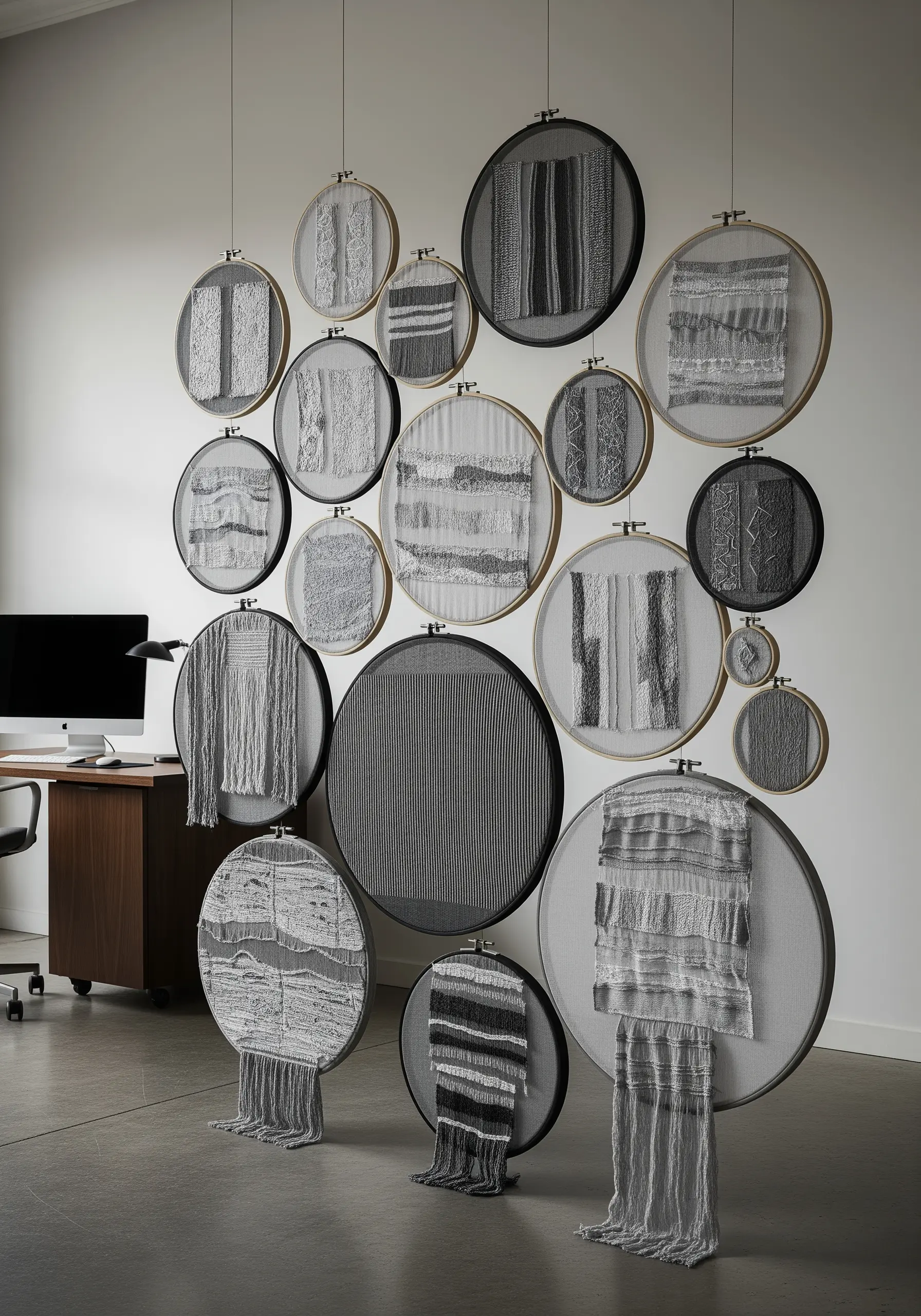 A collection of hoops featuring monochrome woven textures in black, white, and grey.