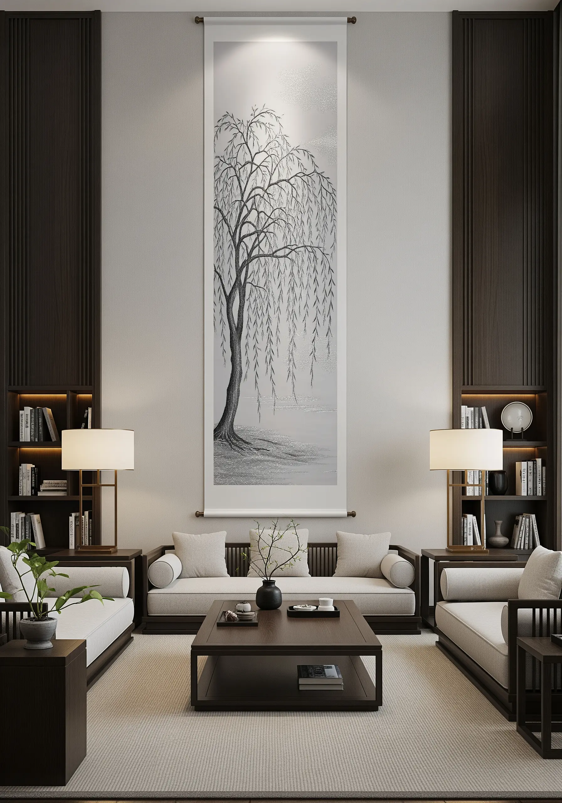 A long, vertical scroll hanging with a monochrome embroidery of a weeping willow tree.