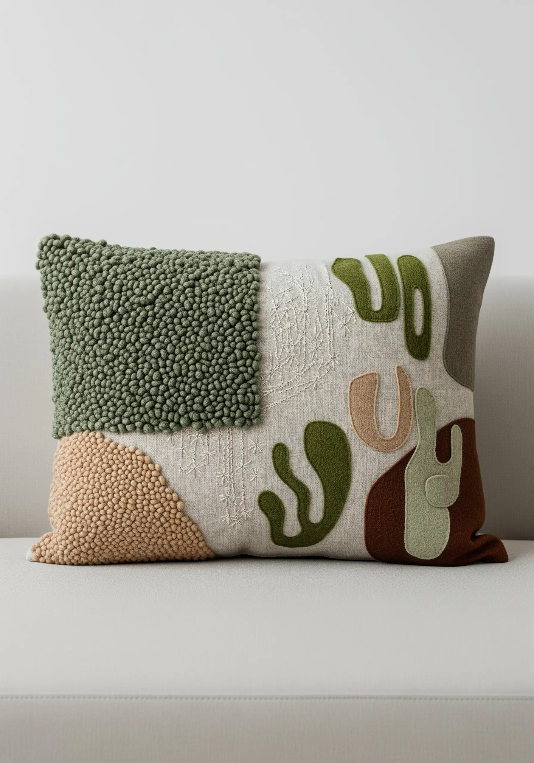 A decorative pillow with abstract shapes in green and beige using punch needle and appliqué.