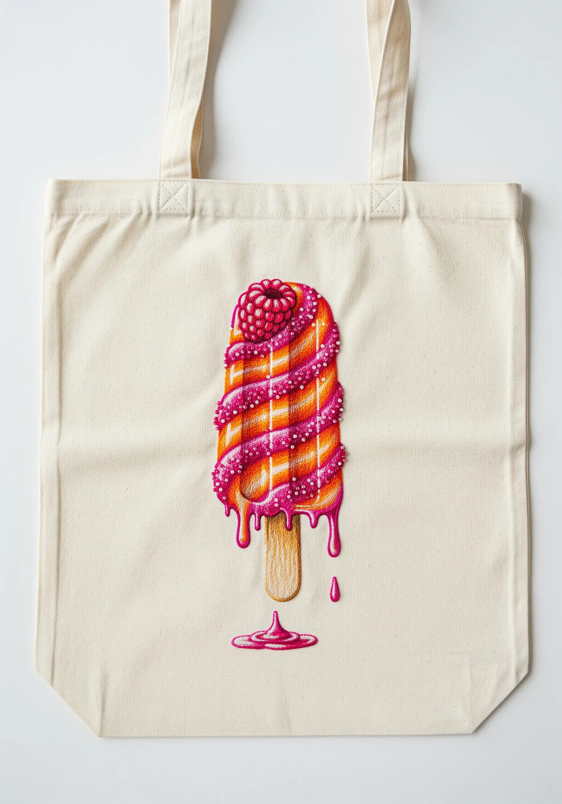 An embroidered popsicle with shiny satin stitch and bumpy French knot sprinkles.