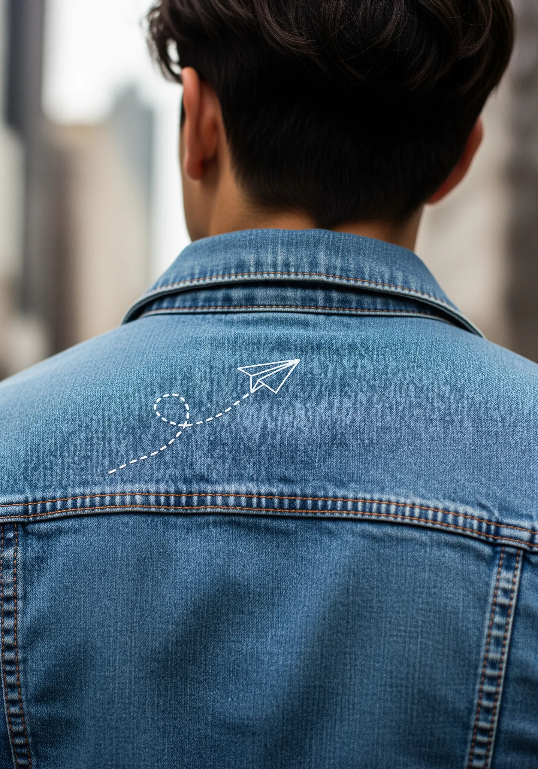 A white embroidered paper airplane with a dotted flight path on the back of a denim jacket.