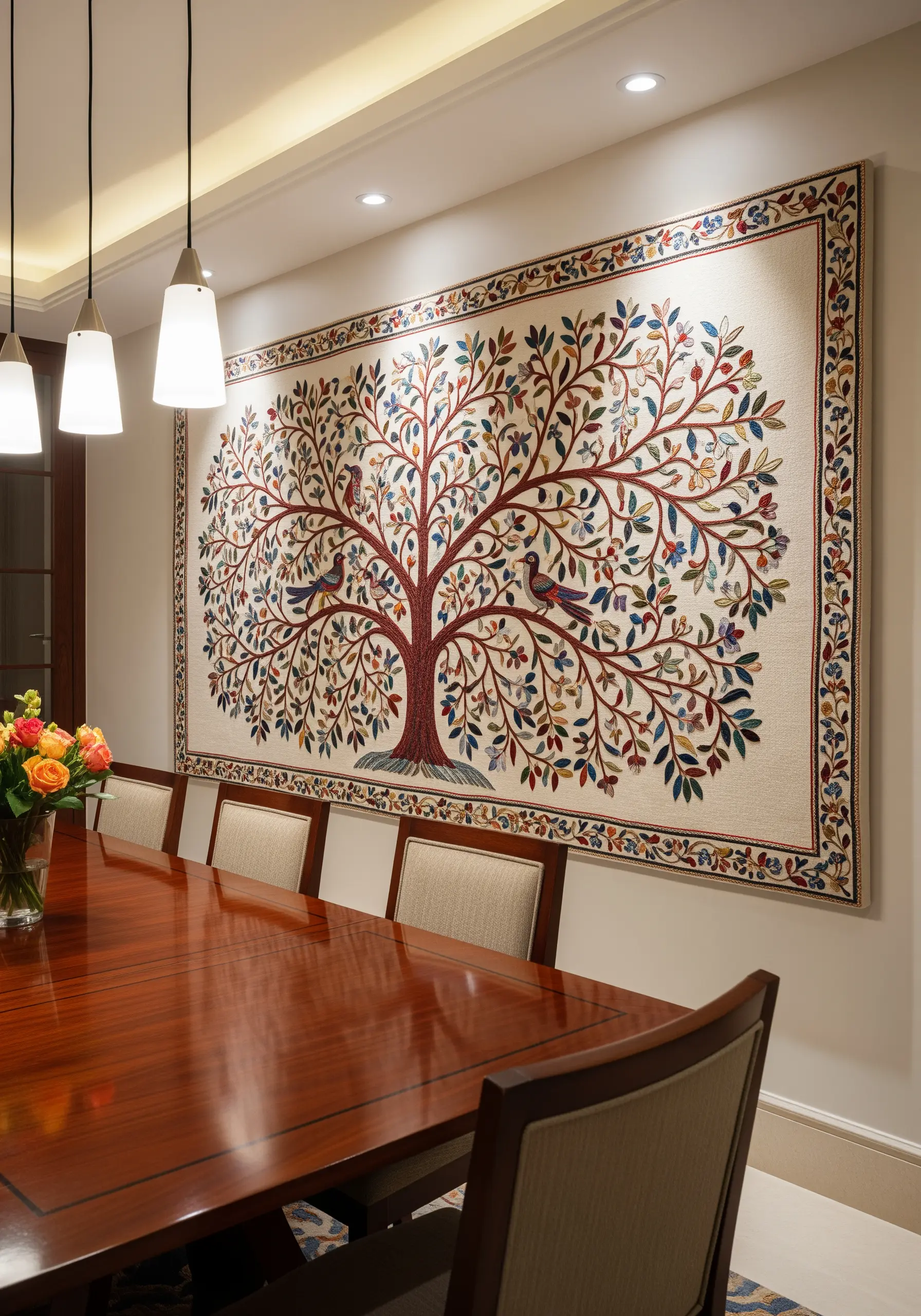 A large Tree of Life embroidered wall tapestry with colorful leaves and birds.