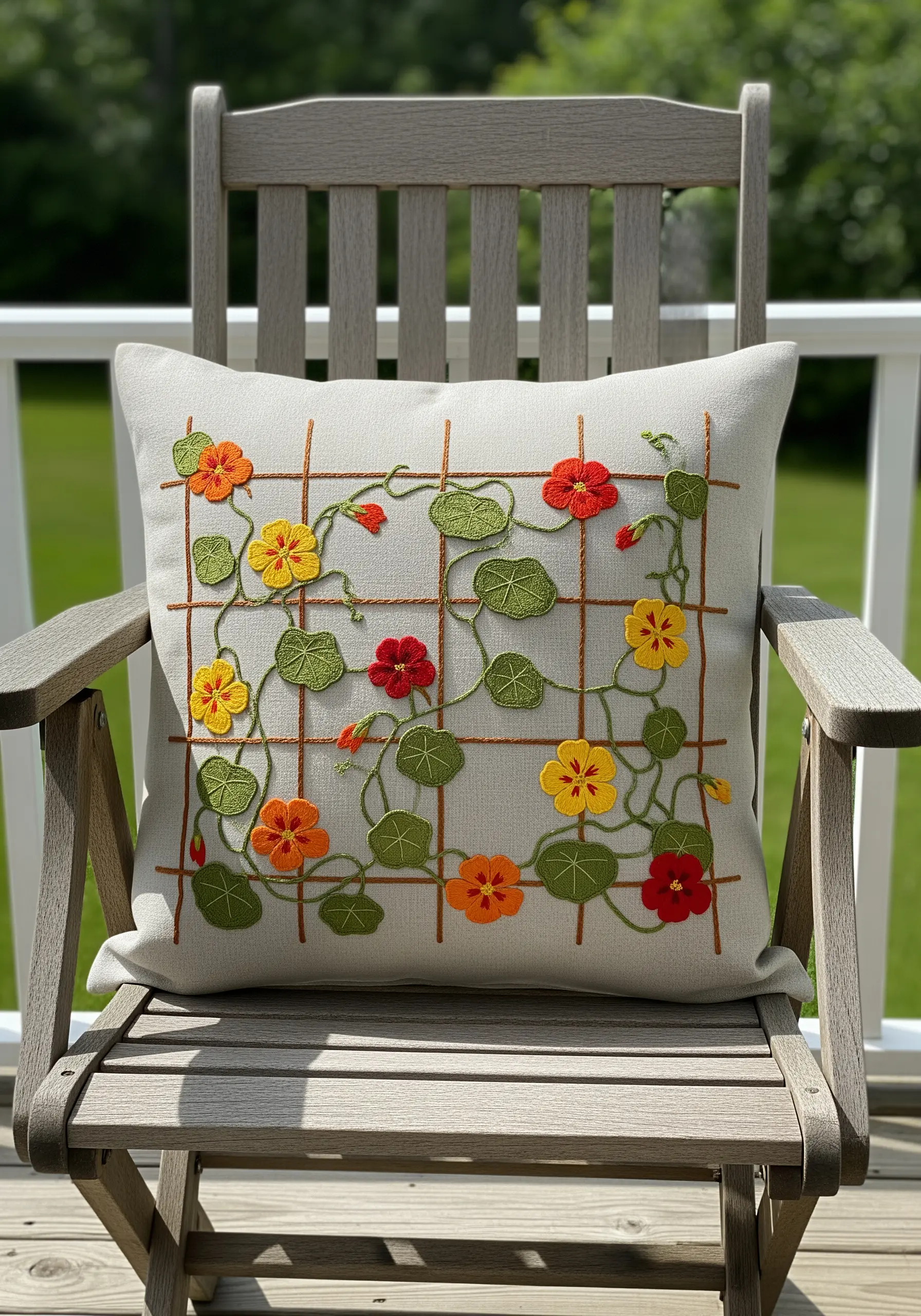 Embroidered nasturtiums climbing a stitched trellis on a linen cushion cover.