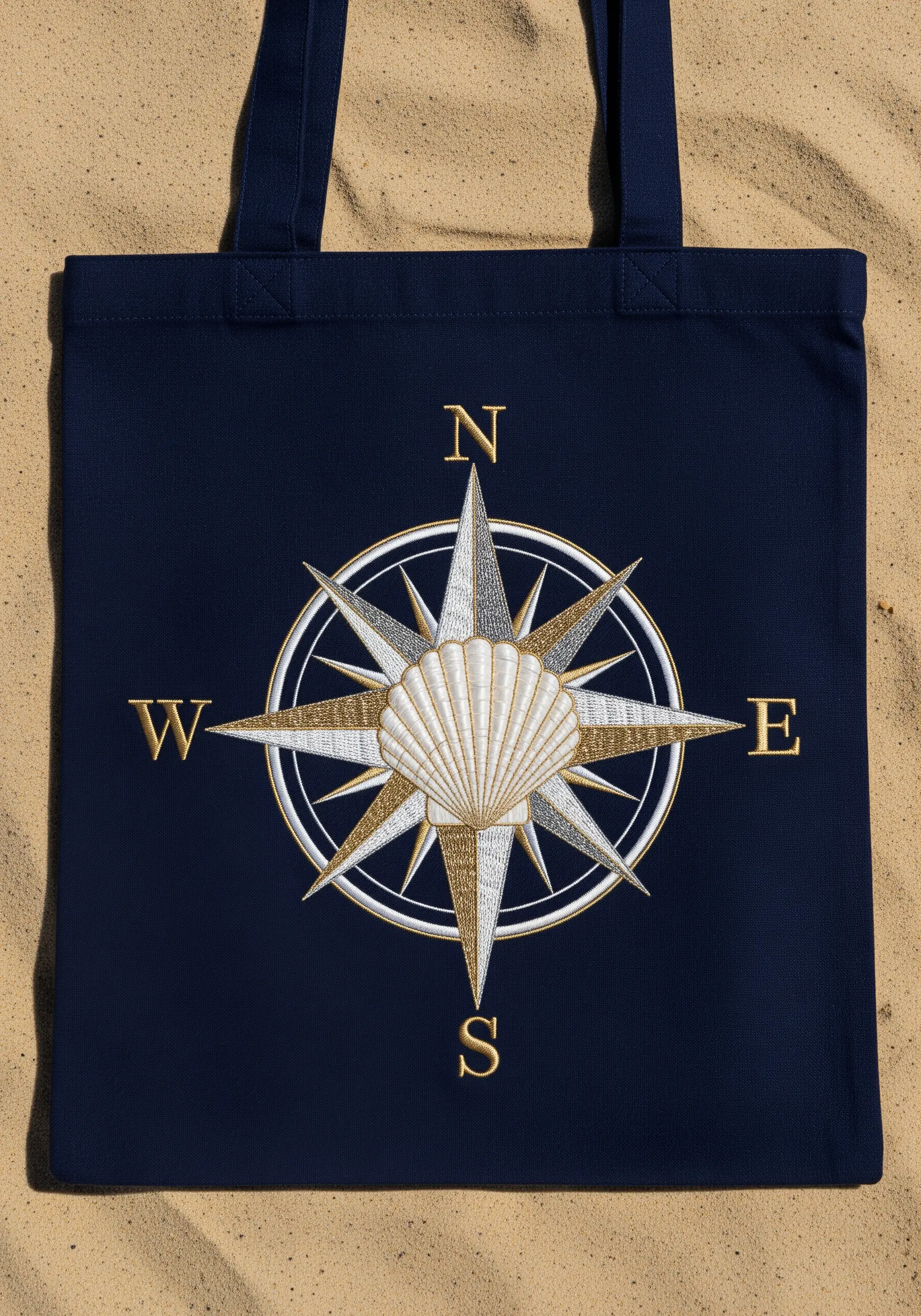 A nautical compass rose embroidered with a mix of matte white and metallic gold thread.