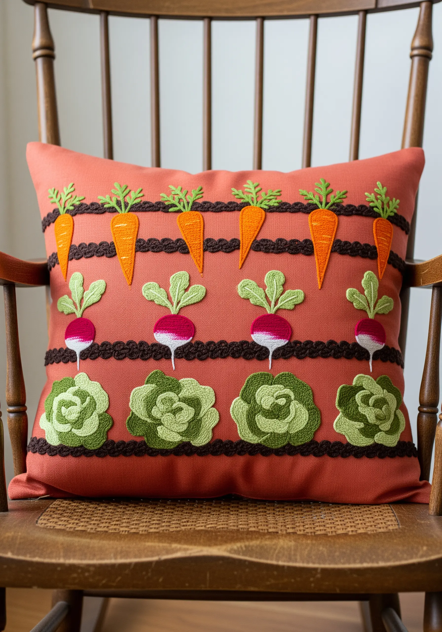 Appliqué and embroidered vegetables in neat rows on a coral cushion.