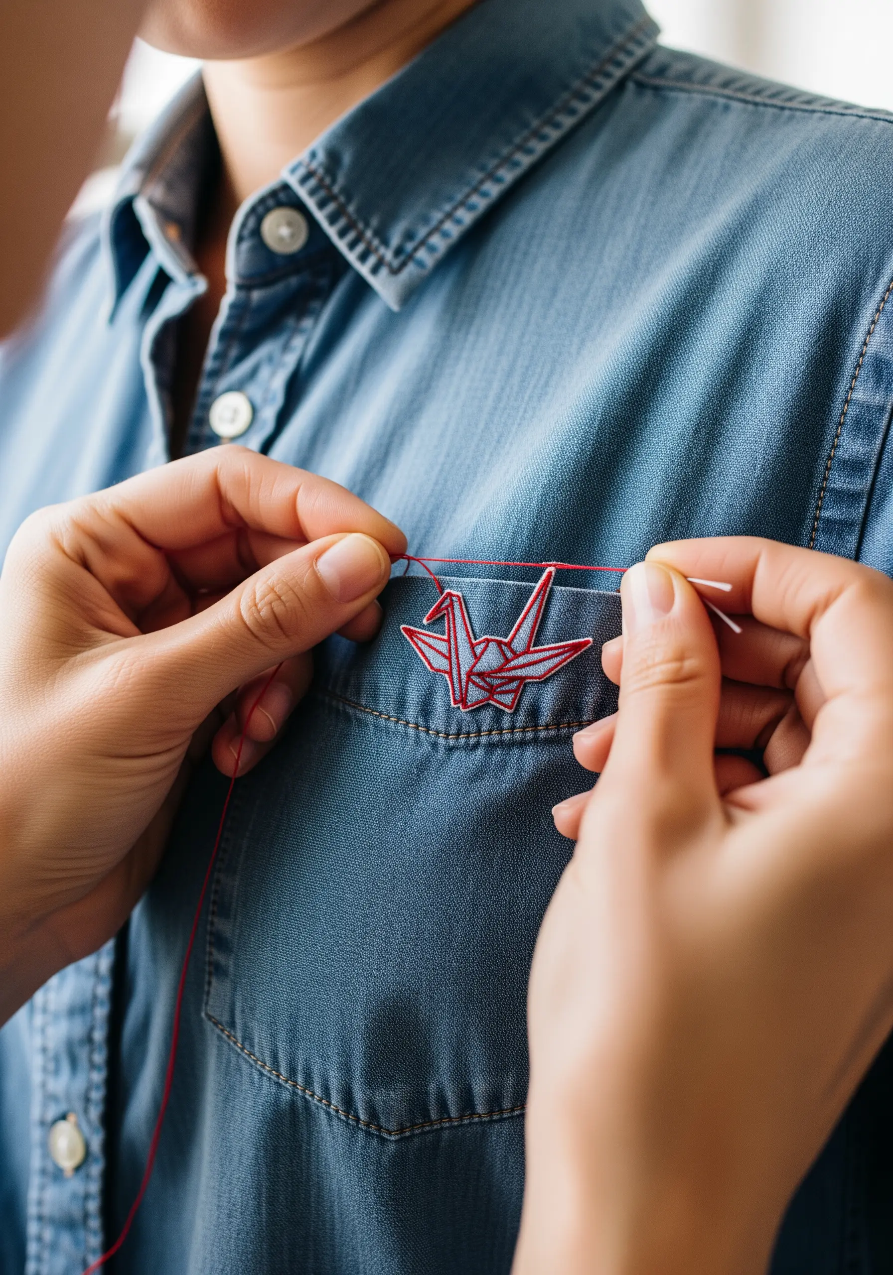 An origami paper crane outlined in bright red thread on the pocket of a denim shirt.