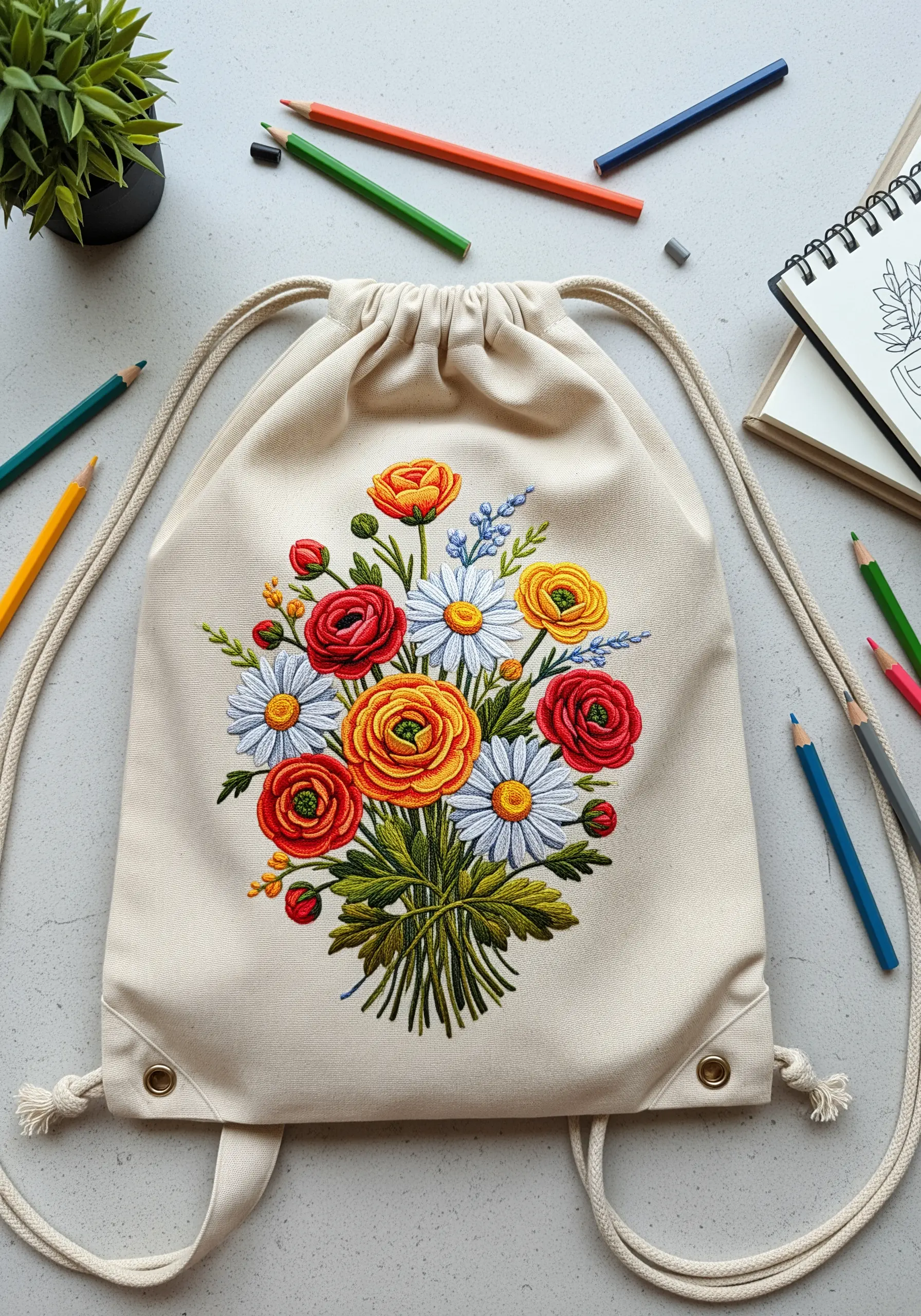 A vibrant, dense bouquet of embroidered flowers on a natural canvas drawstring backpack.