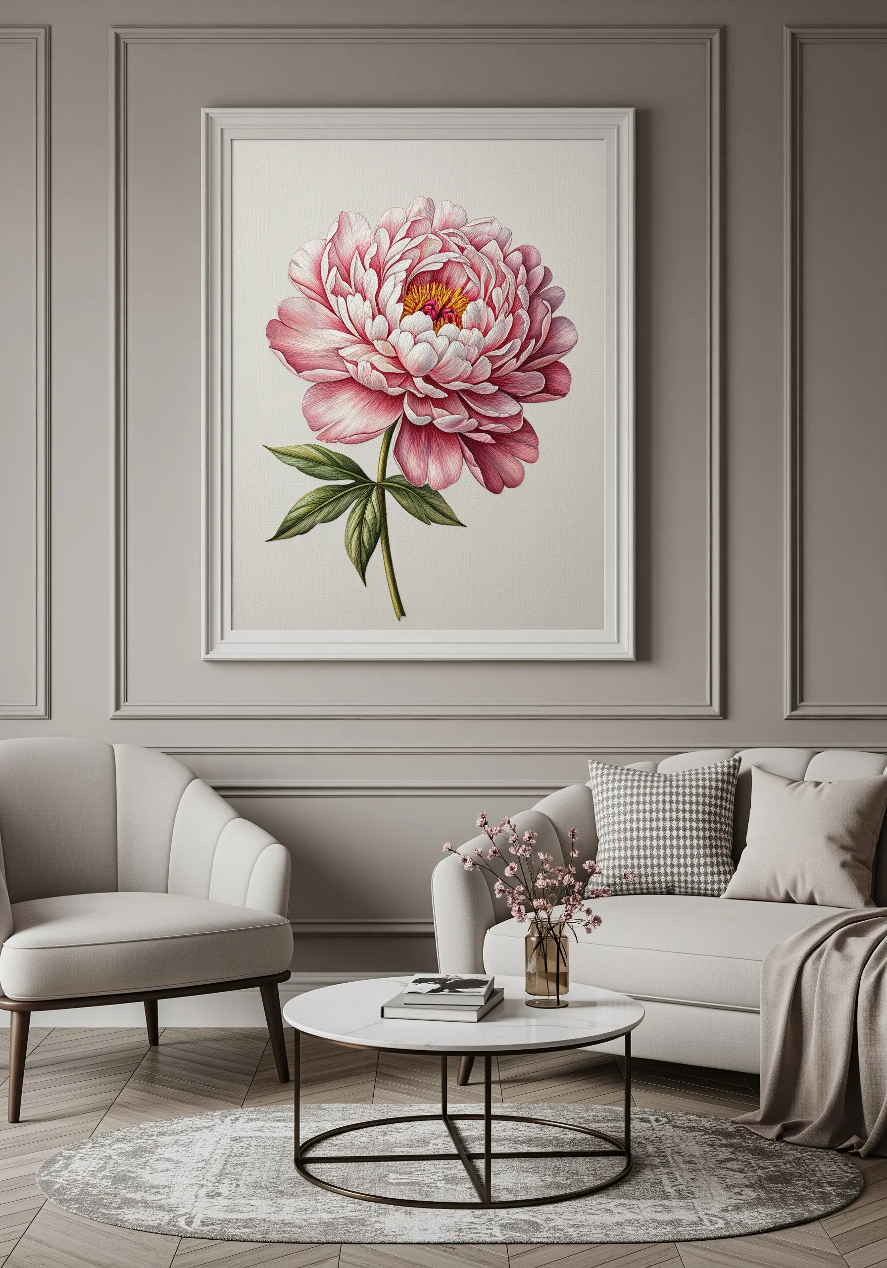A large, framed, hyper-realistic embroidery of a single pink peony in full bloom.