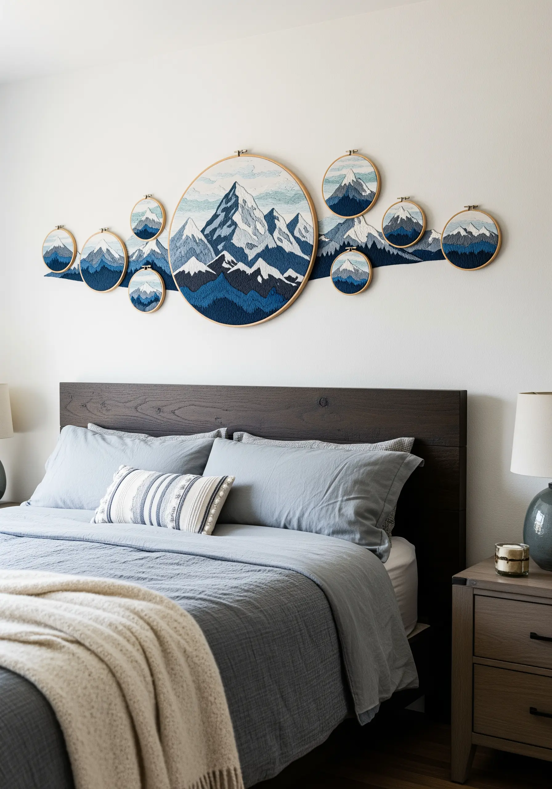 A multi-hoop installation creating a continuous mountain range landscape above a bed.