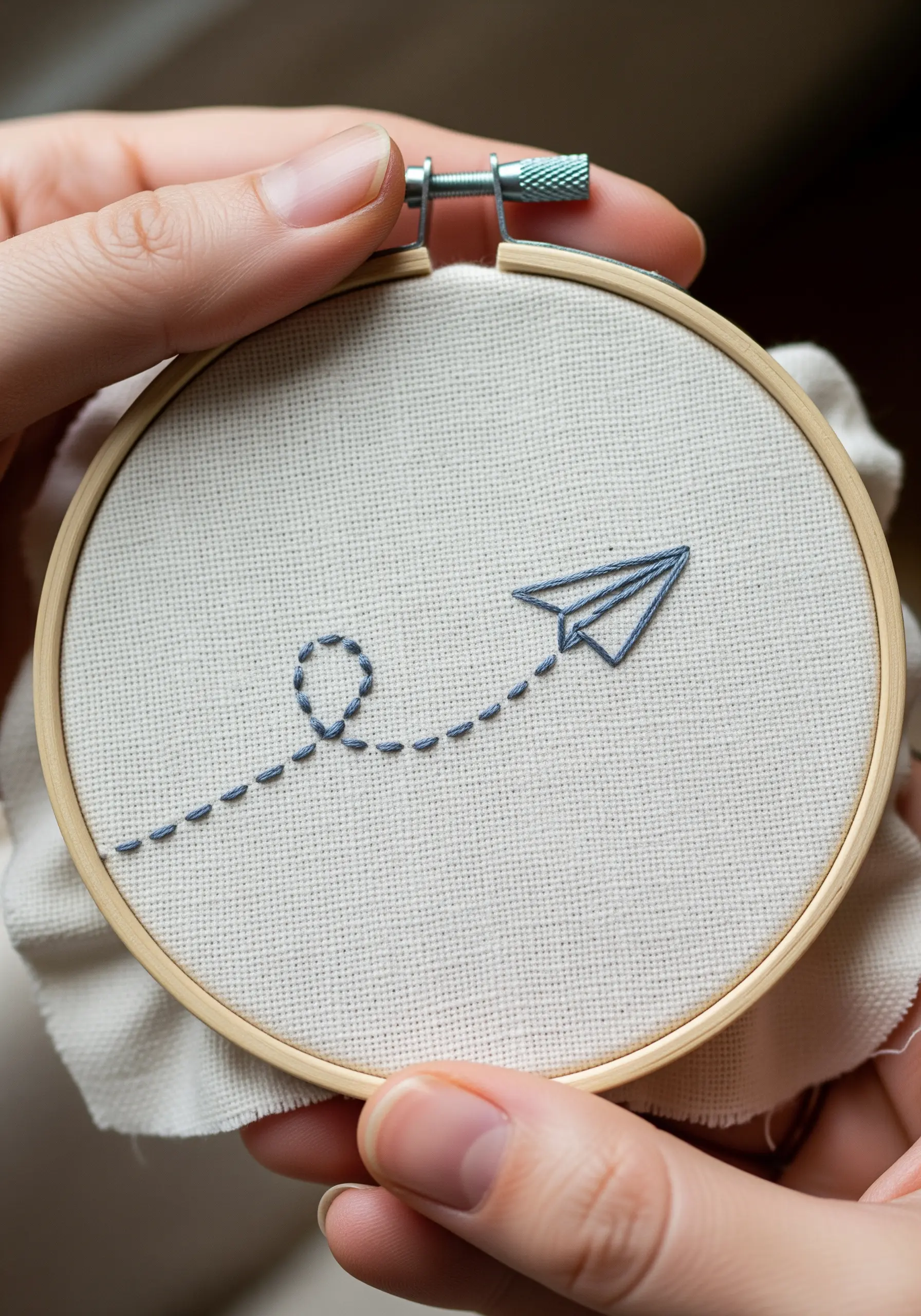 Embroidered paper plane with a dotted line flight path in a wooden hoop.