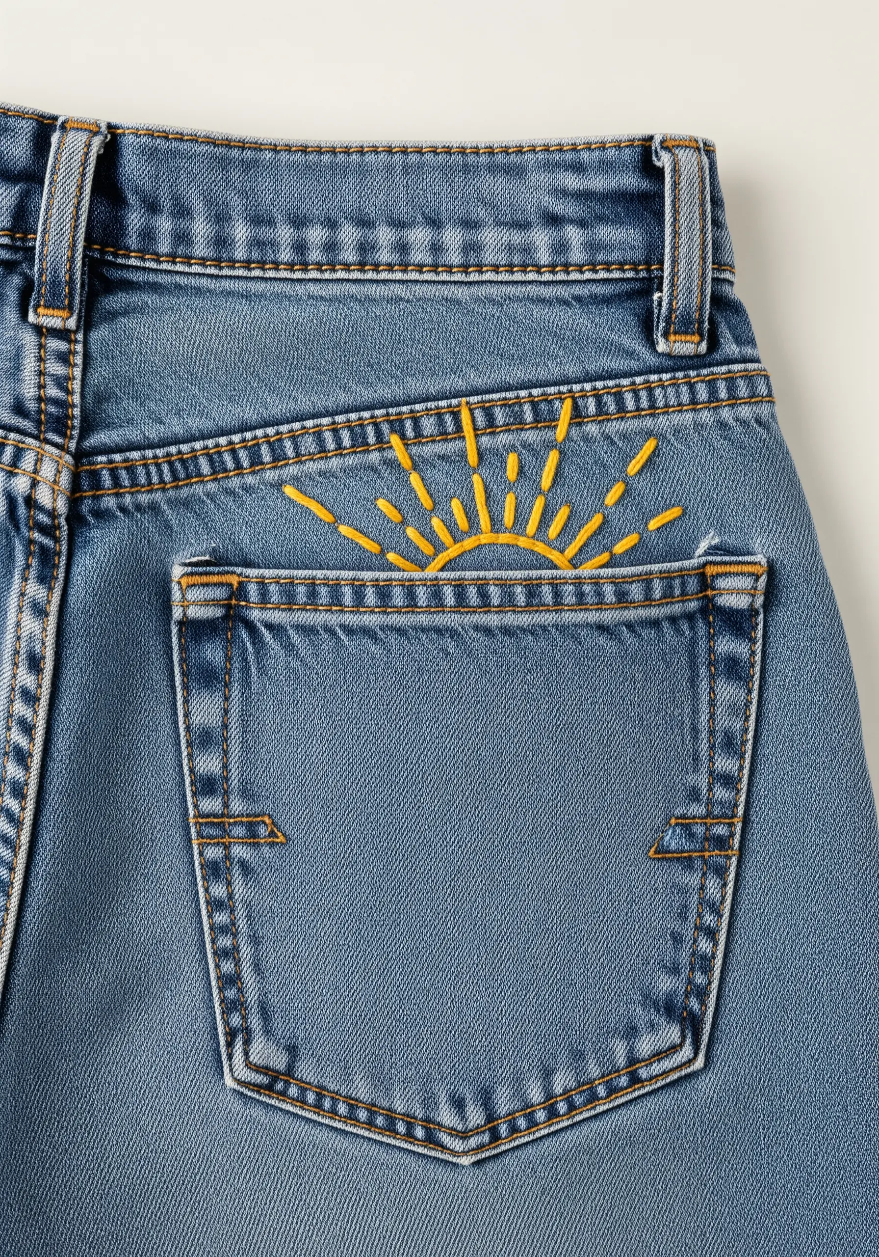 A bright yellow sun with radiating rays embroidered on the top edge of a jean pocket.