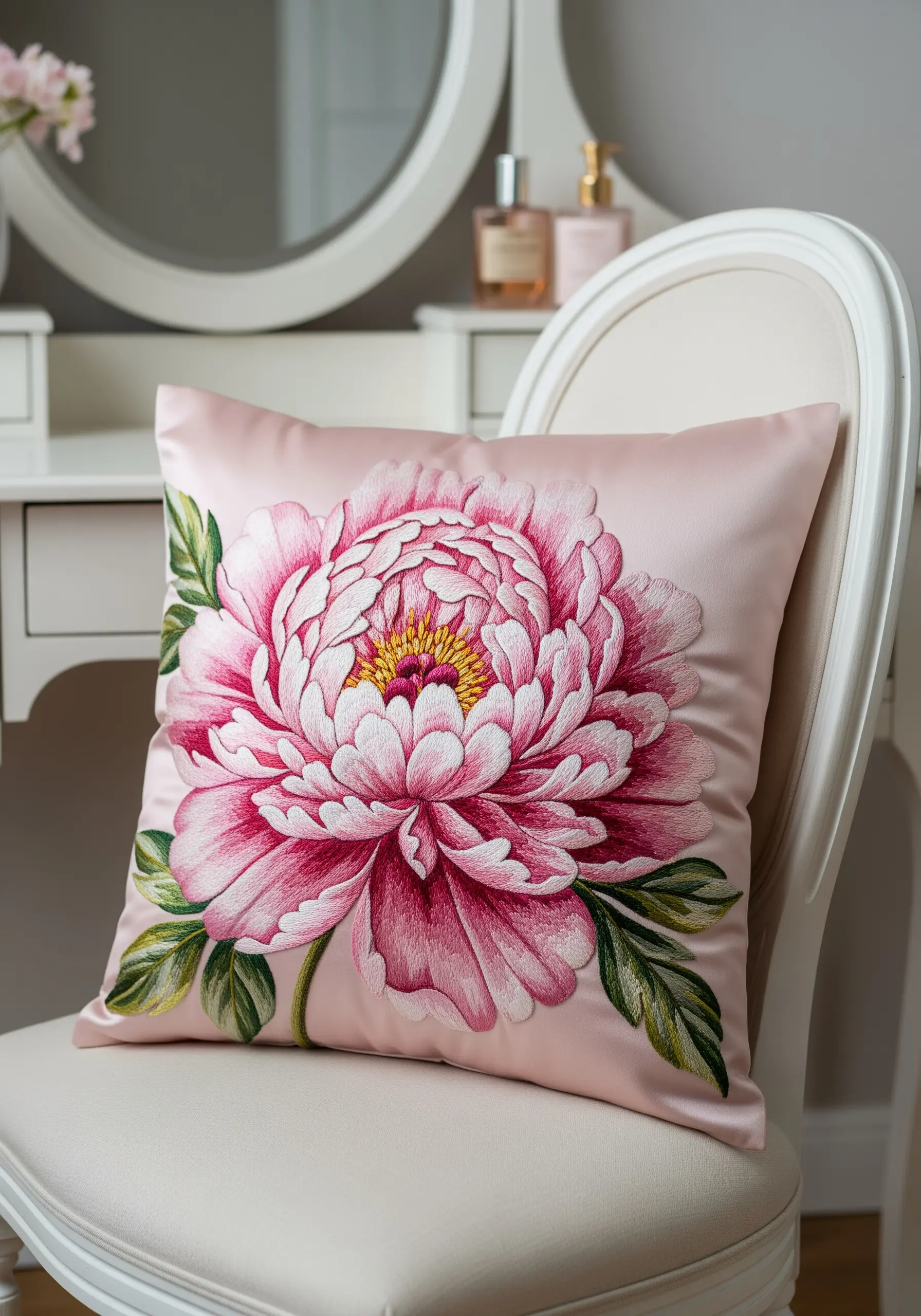 A large, thread-painted pink and white peony on a pale pink silk cushion.