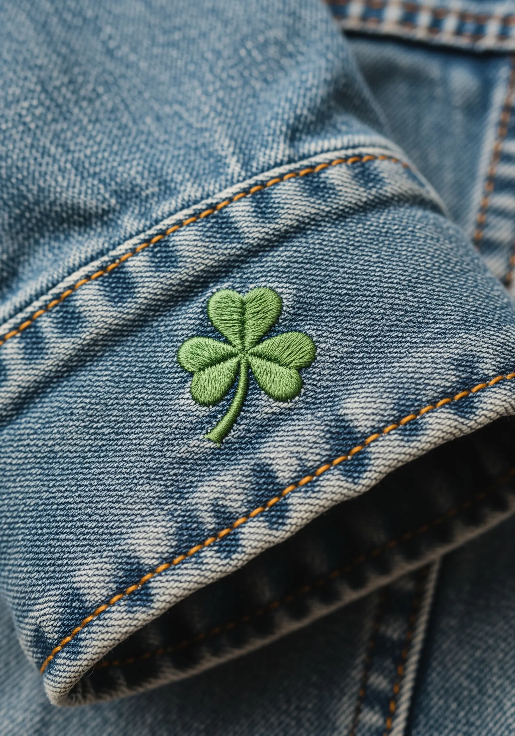 A perfectly stitched three-leaf shamrock with satin stitch on the cuff of a light denim jacket